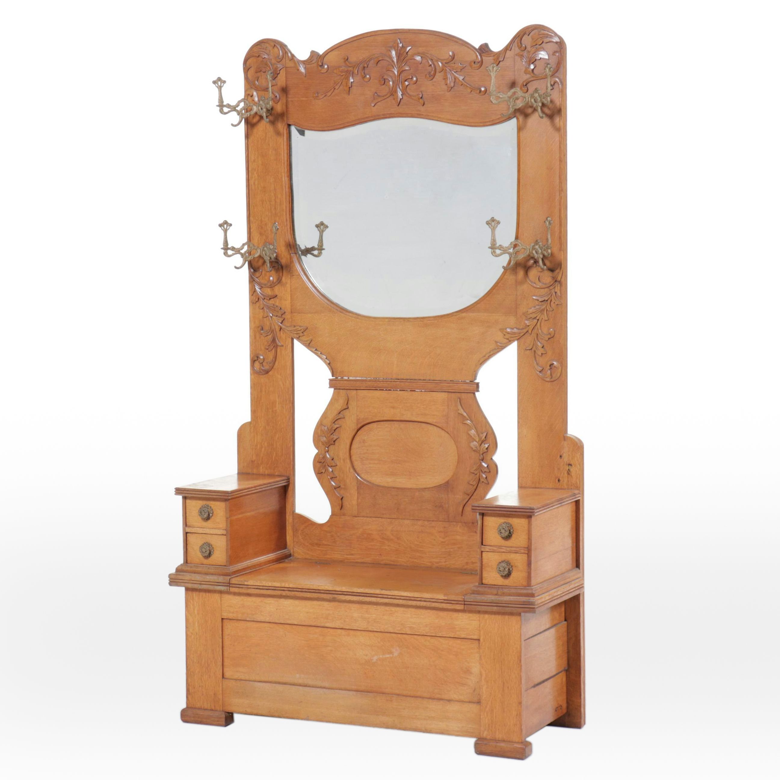 Late Victorian Oak Hall Bench with Mirror