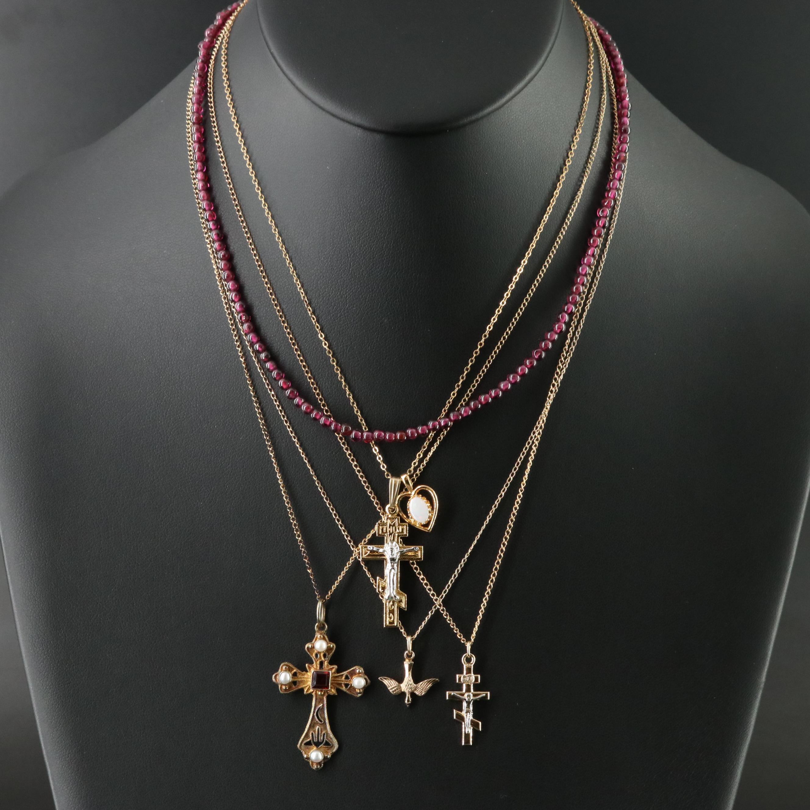 Garnet, Sterling and Opal Featured in Religious Iconography Necklace Collection