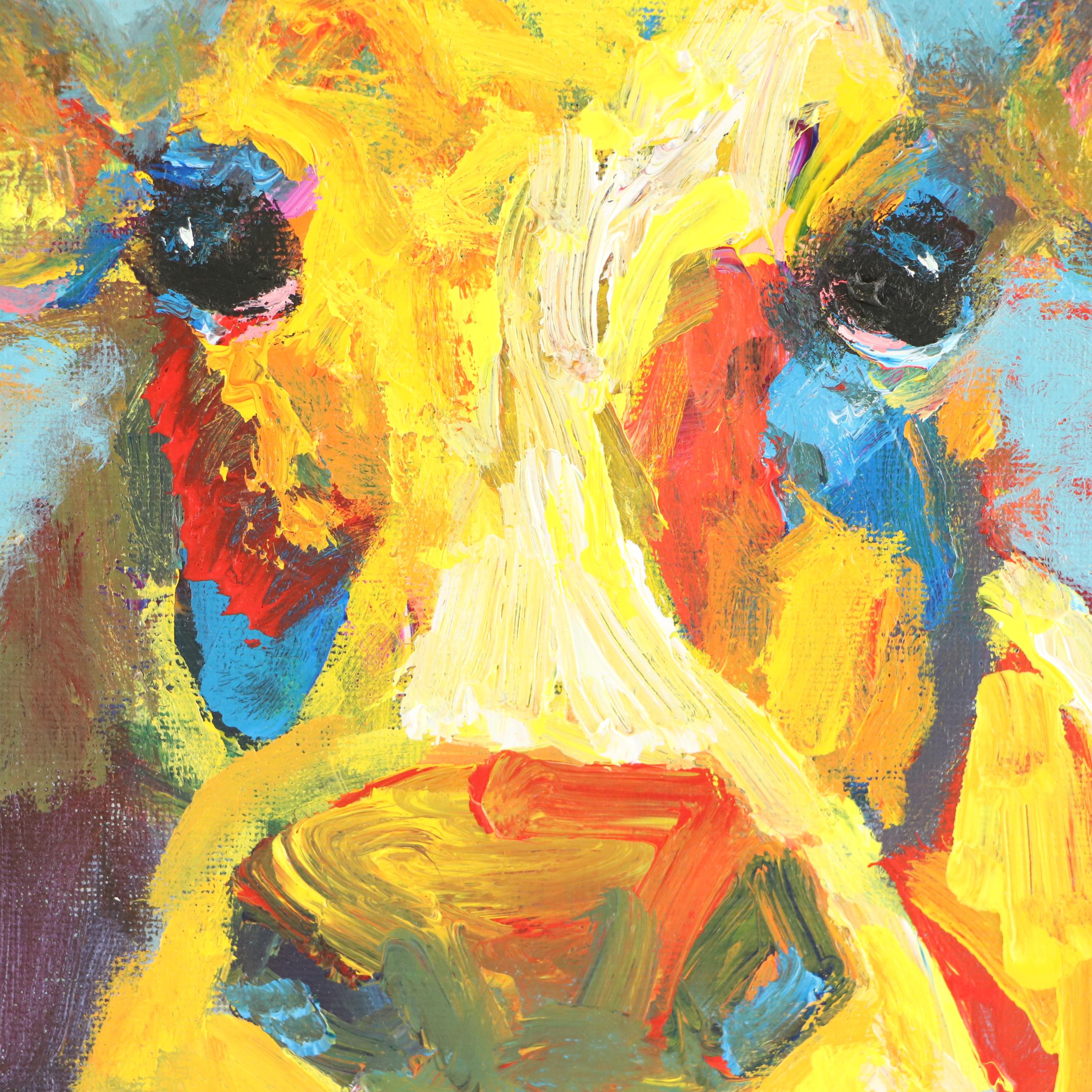 Elle Raines Stylized Acrylic Painting "Cow," 21st Century