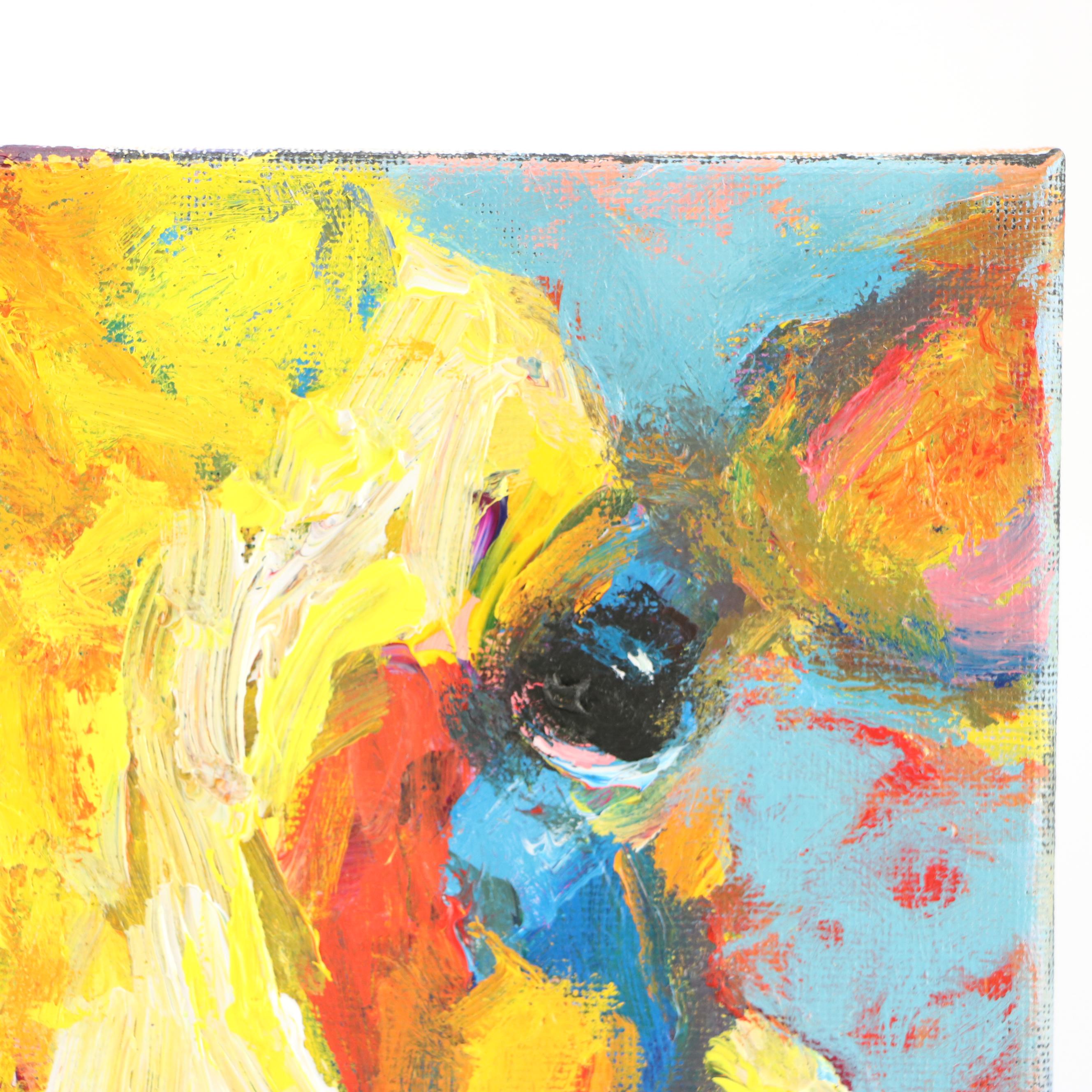 Elle Raines Stylized Acrylic Painting "Cow," 21st Century