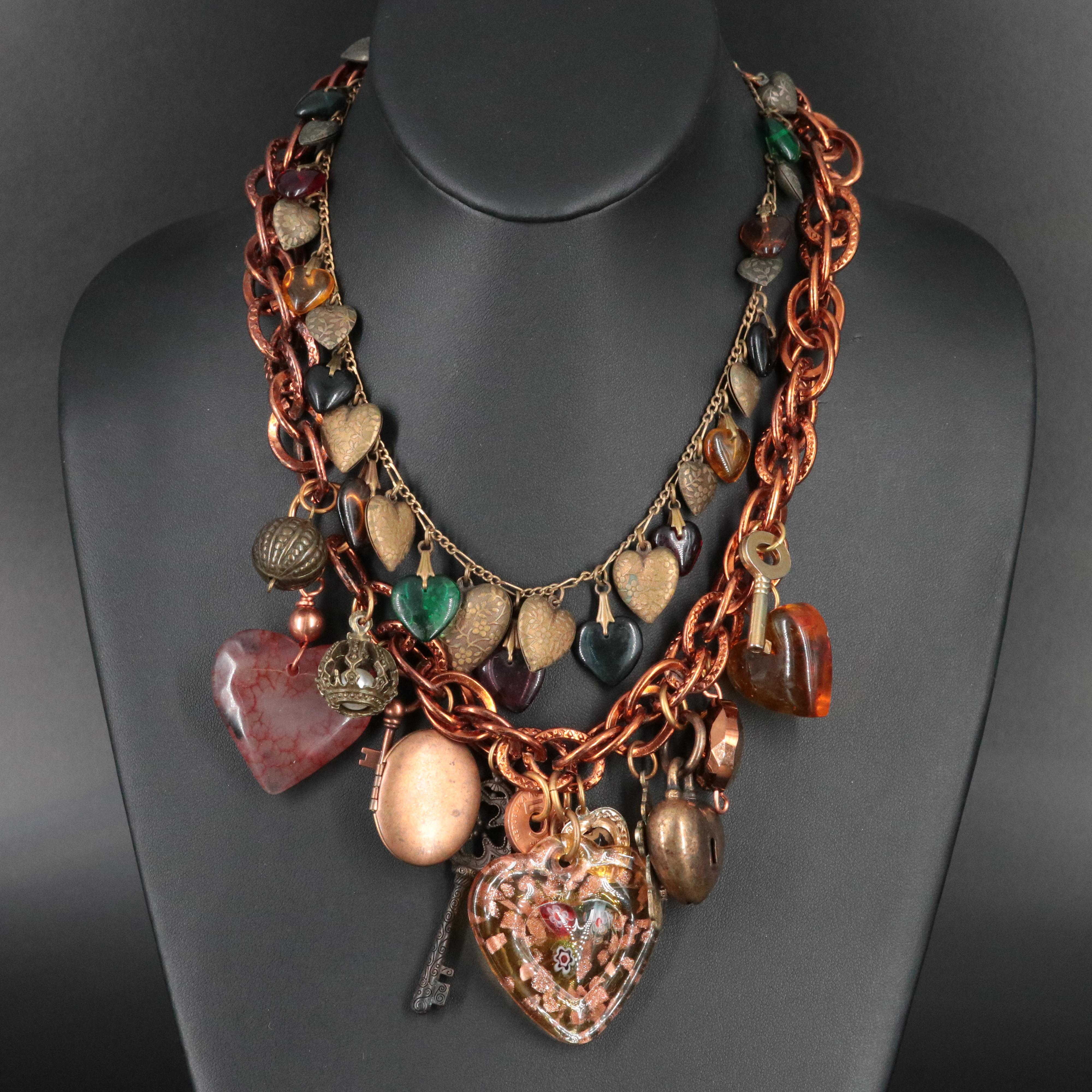 Vintage Heart Charm Necklaces Including Amber and Chalcedony