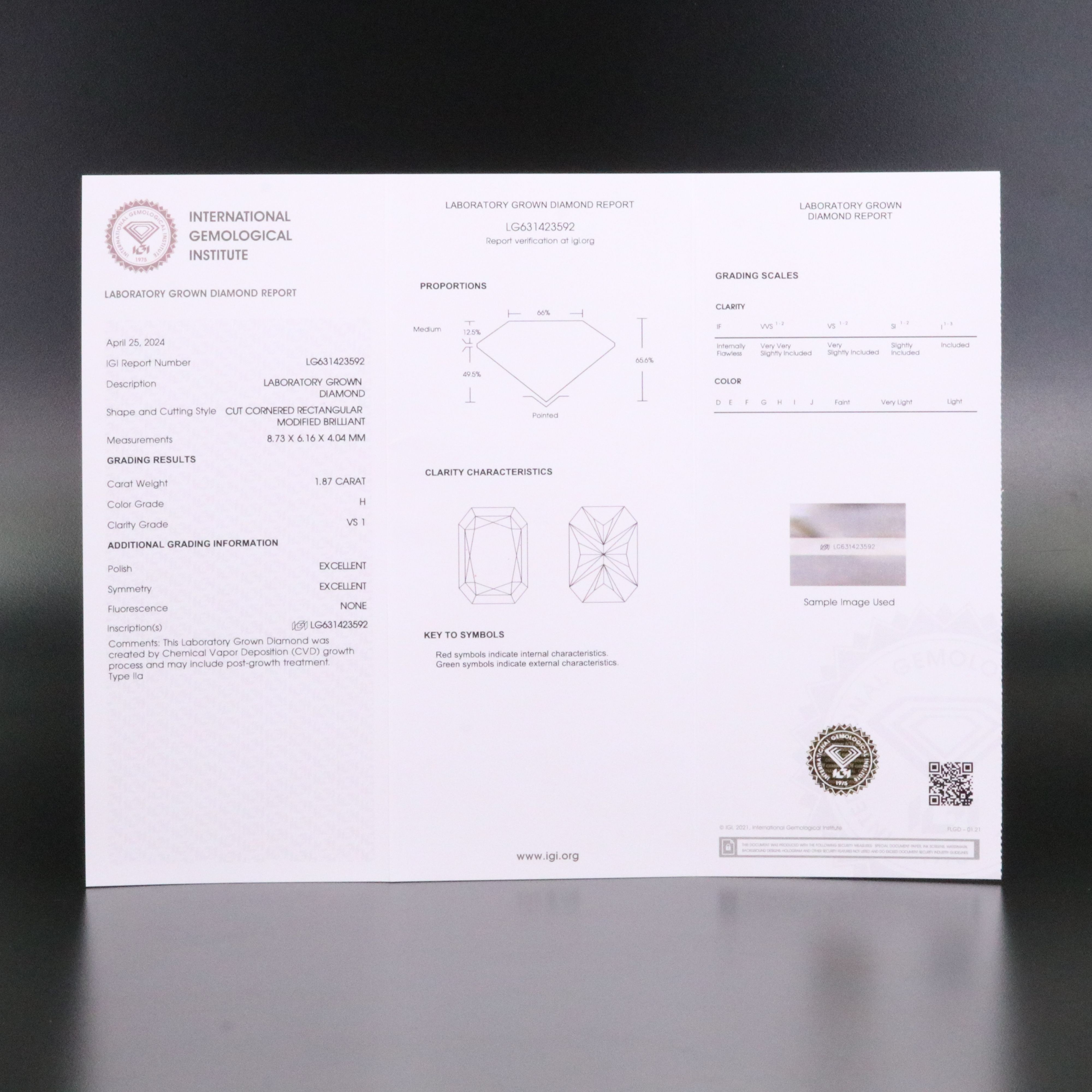 Loose 1.87 CT Lab Grown Diamond with IGI Report