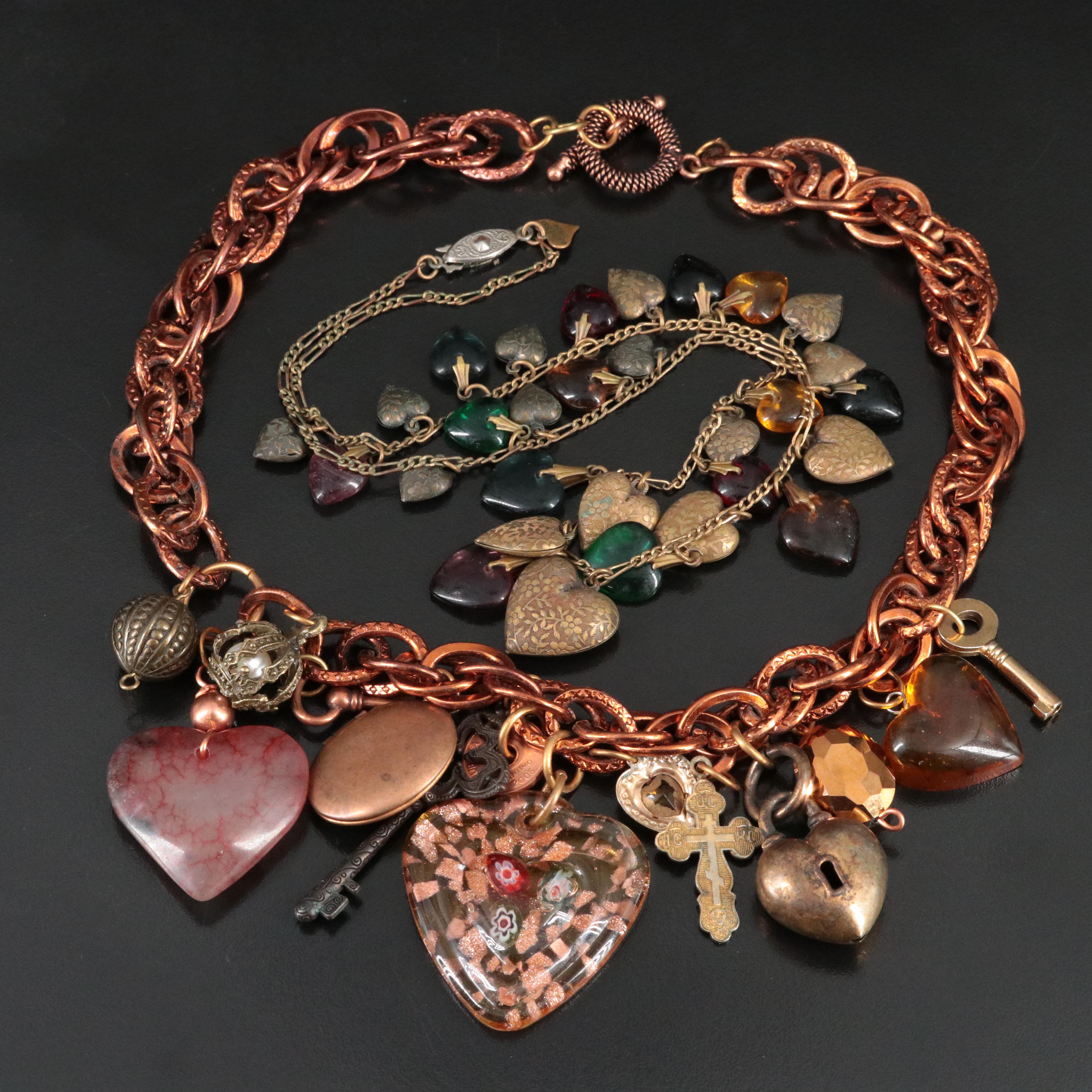 Vintage Heart Charm Necklaces Including Amber and Chalcedony