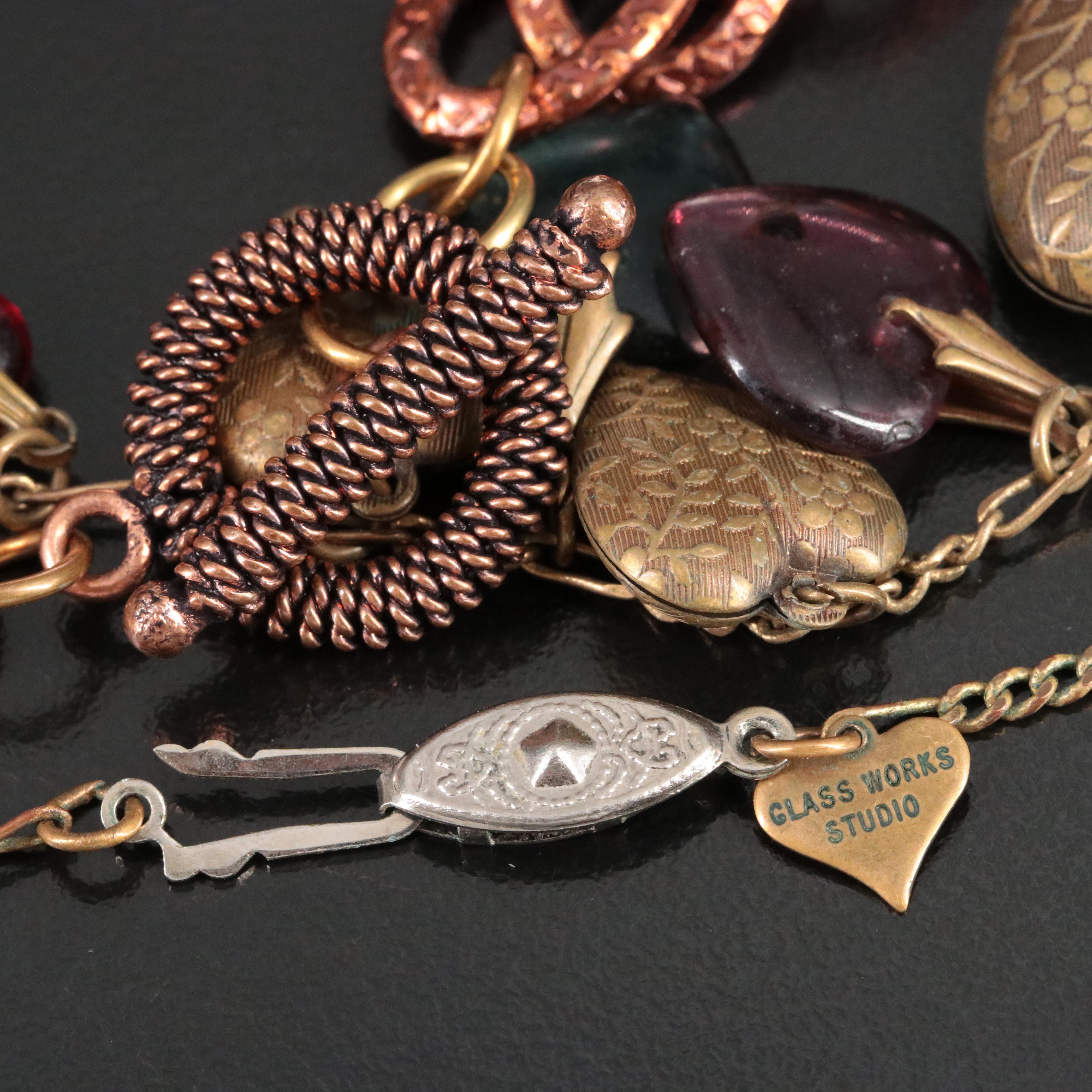 Vintage Heart Charm Necklaces Including Amber and Chalcedony