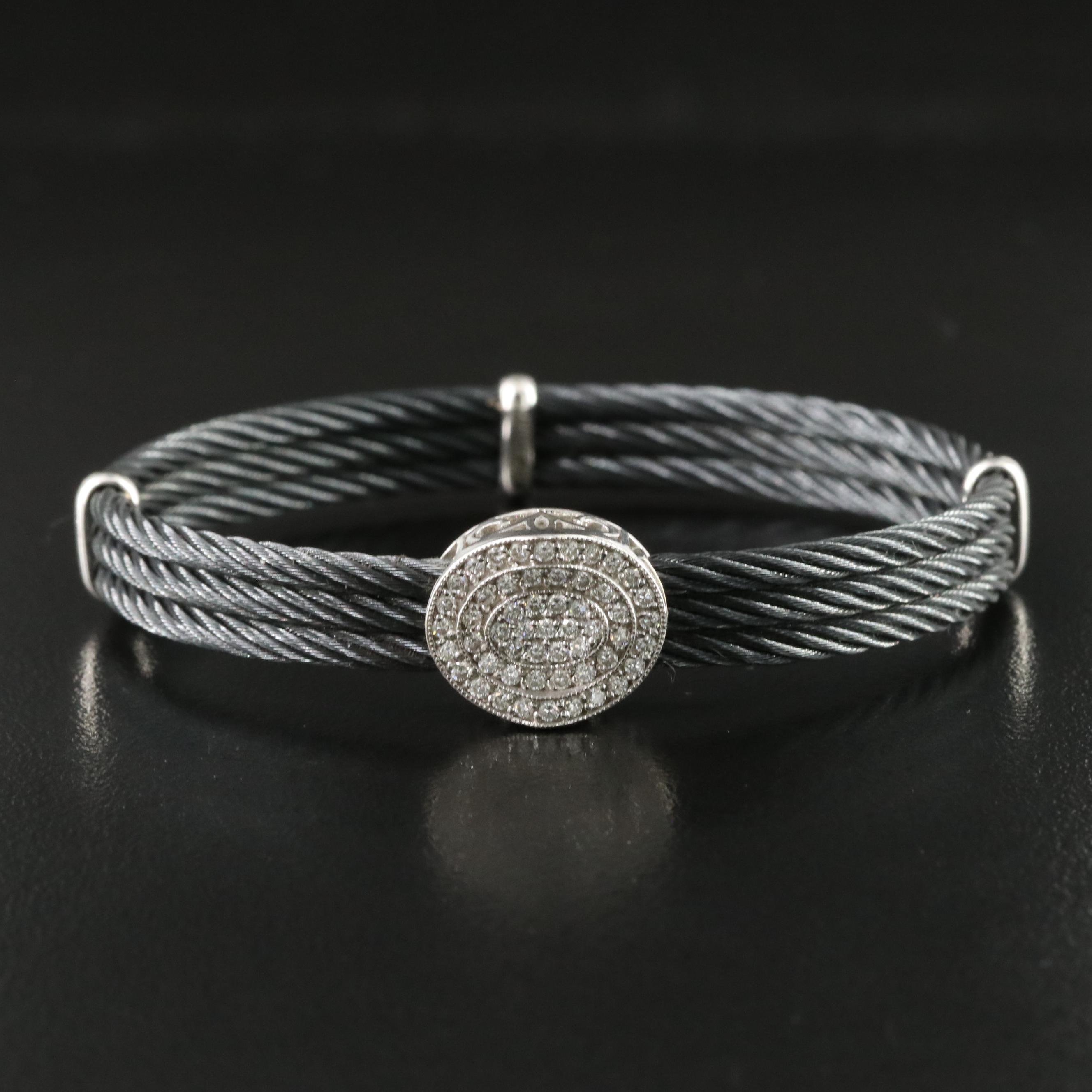 Alor Oval 0.44 CTW Diamond Steel Cable Bracelet with 18K Stations