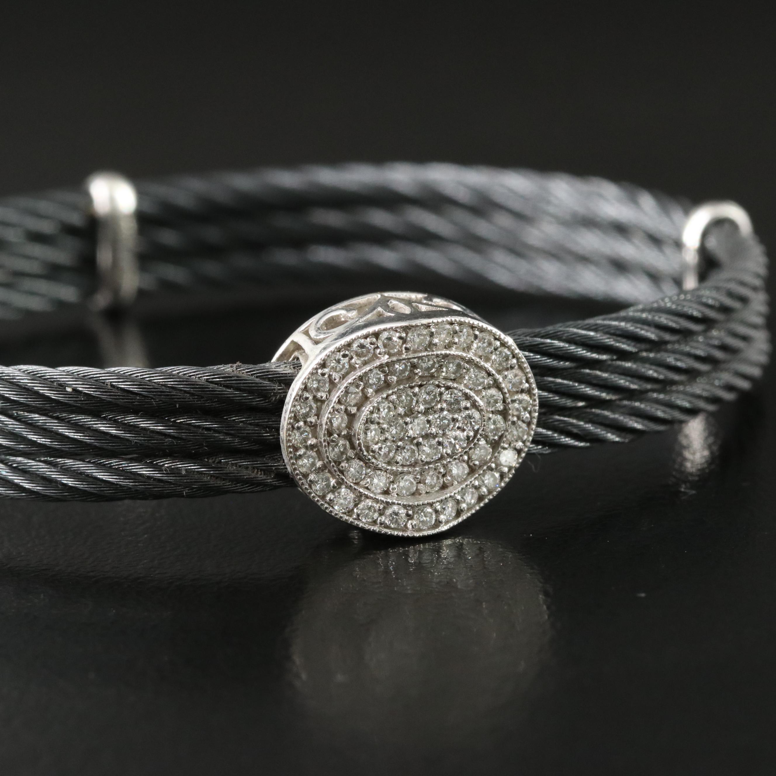 Alor Oval 0.44 CTW Diamond Steel Cable Bracelet with 18K Stations