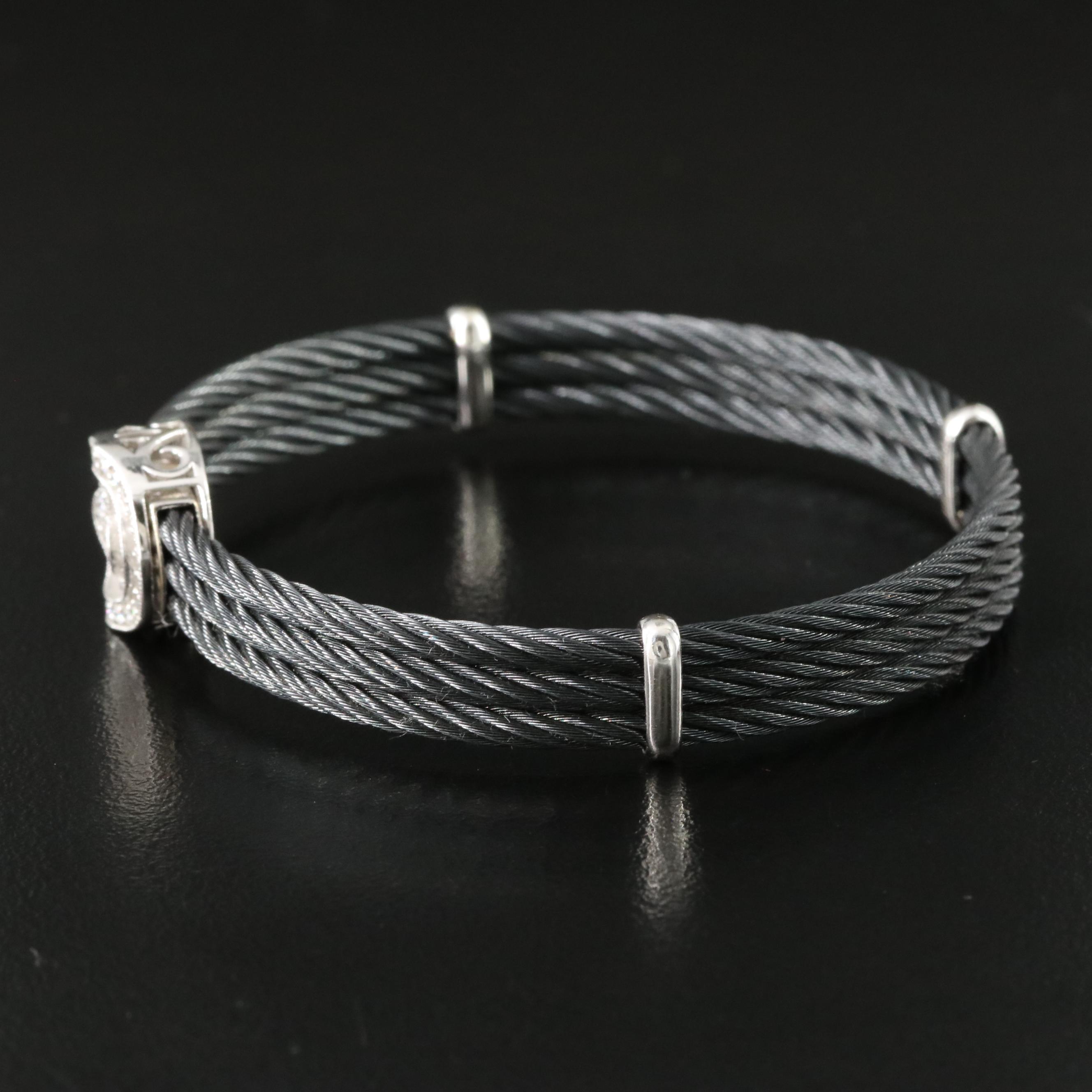 Alor Oval 0.44 CTW Diamond Steel Cable Bracelet with 18K Stations