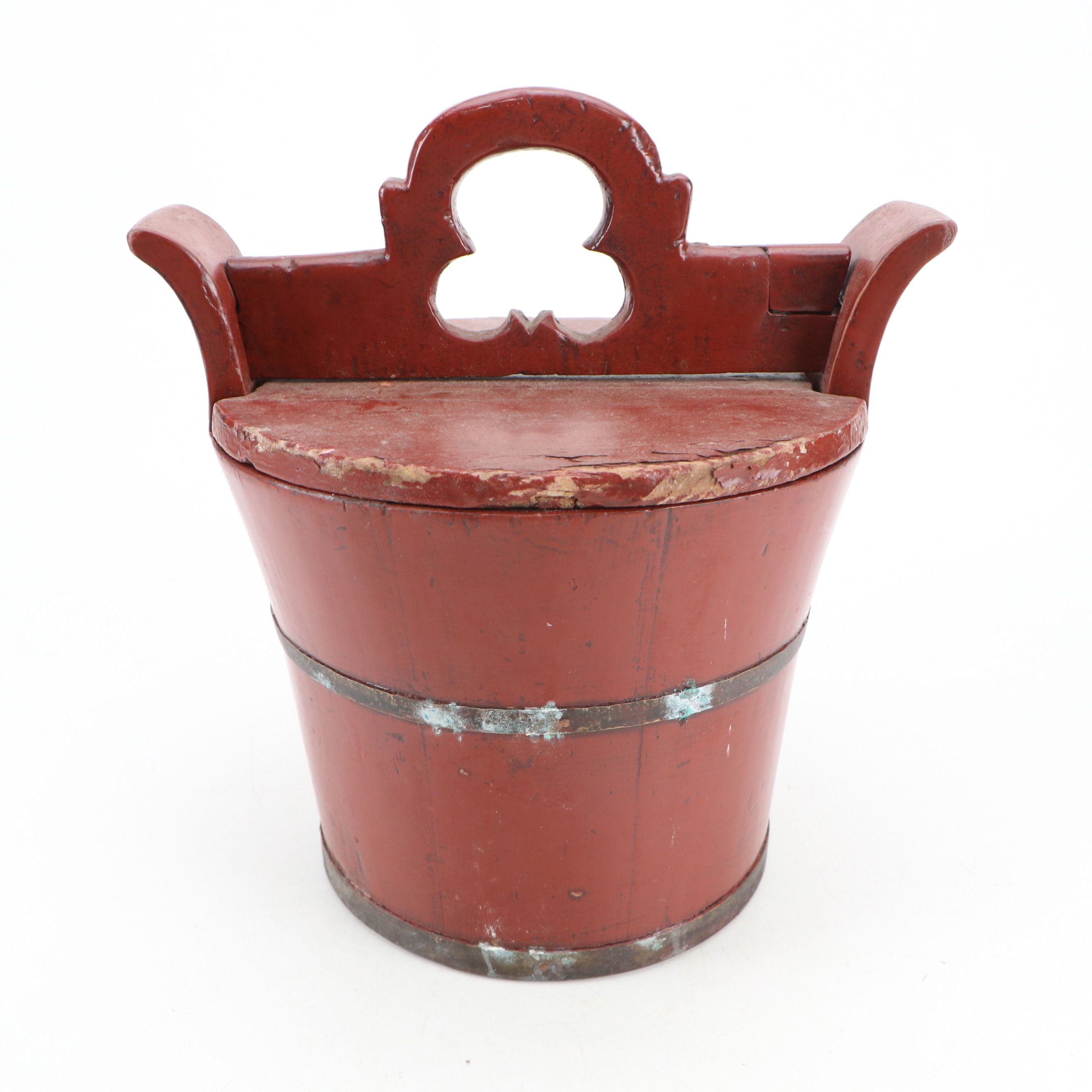 Chinese Lacquered Wood Storage Bucket with Lid and Yoke Bracket