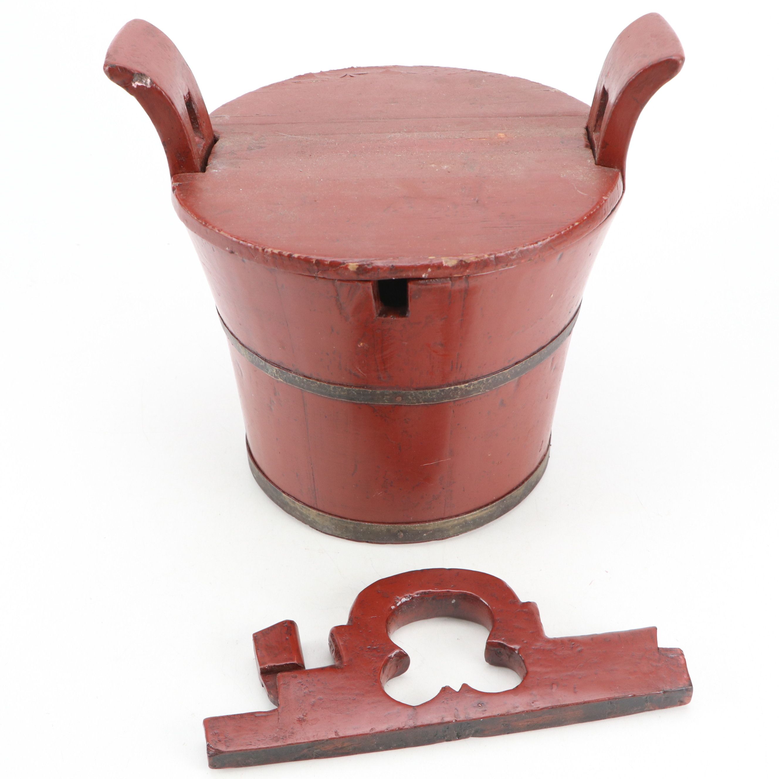 Chinese Lacquered Wood Storage Bucket with Lid and Yoke Bracket