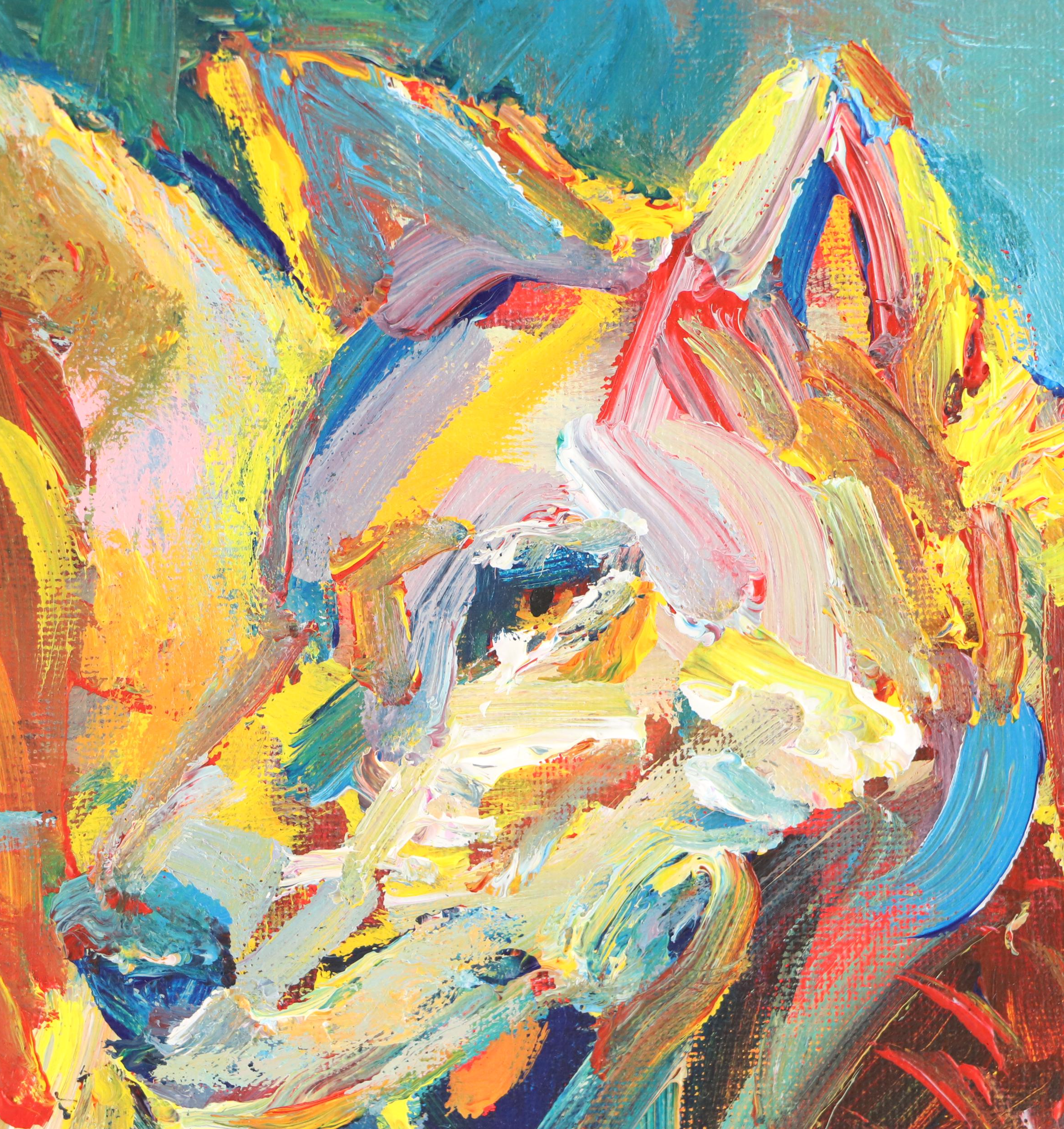 Elle Raines Stylized Acrylic Painting of Two Wolves "The Report," 21st Century