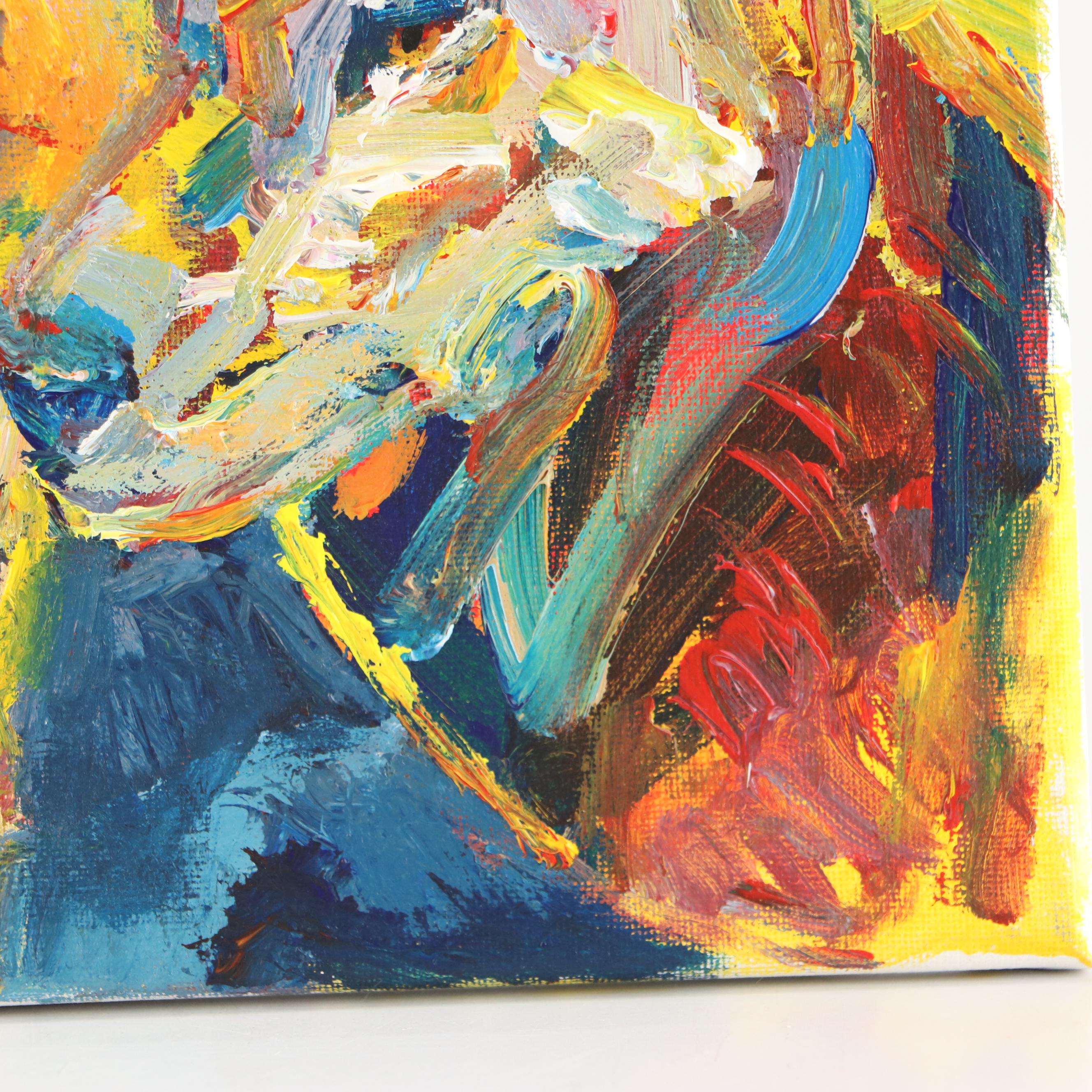 Elle Raines Stylized Acrylic Painting of Two Wolves "The Report," 21st Century