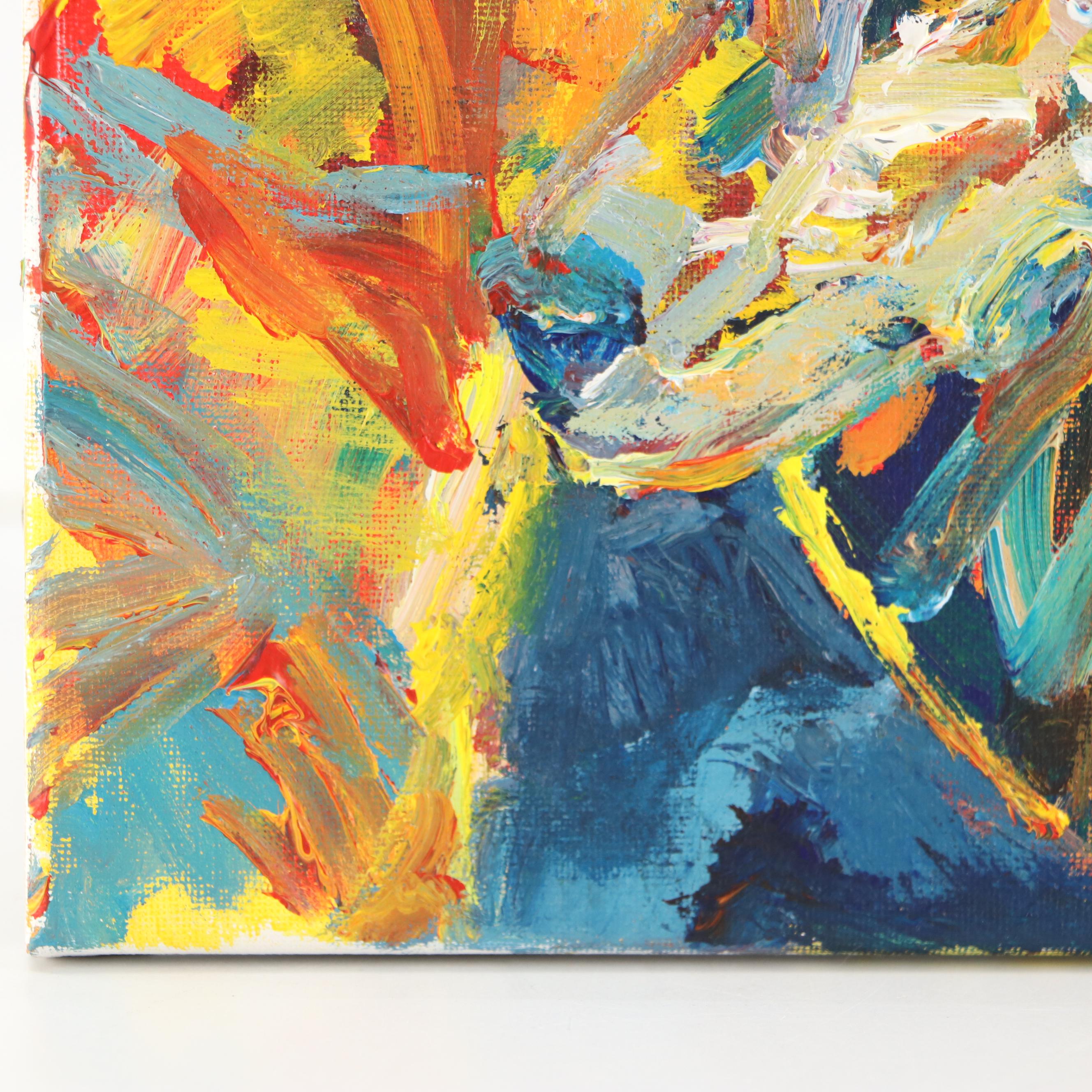 Elle Raines Stylized Acrylic Painting of Two Wolves "The Report," 21st Century