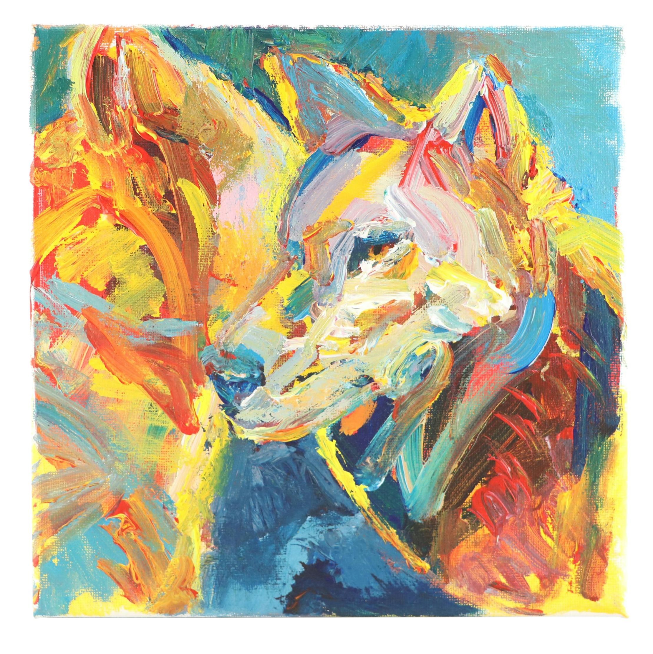 Elle Raines Stylized Acrylic Painting of Two Wolves "The Report," 21st Century