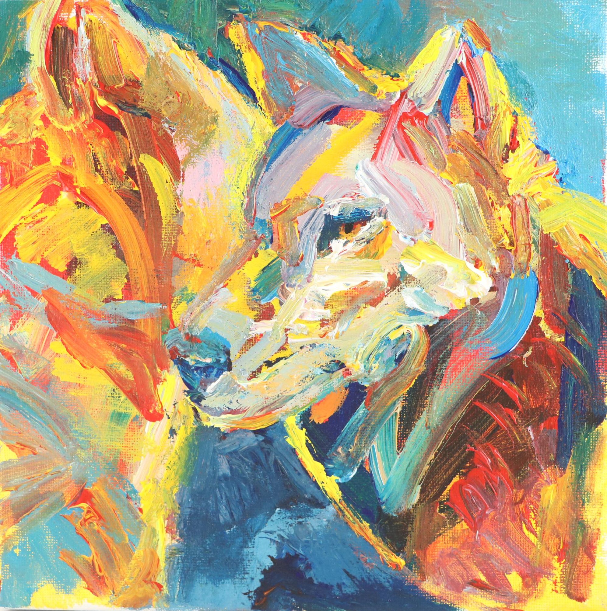 Elle Raines Stylized Acrylic Painting of Two Wolves "The Report," 21st Century