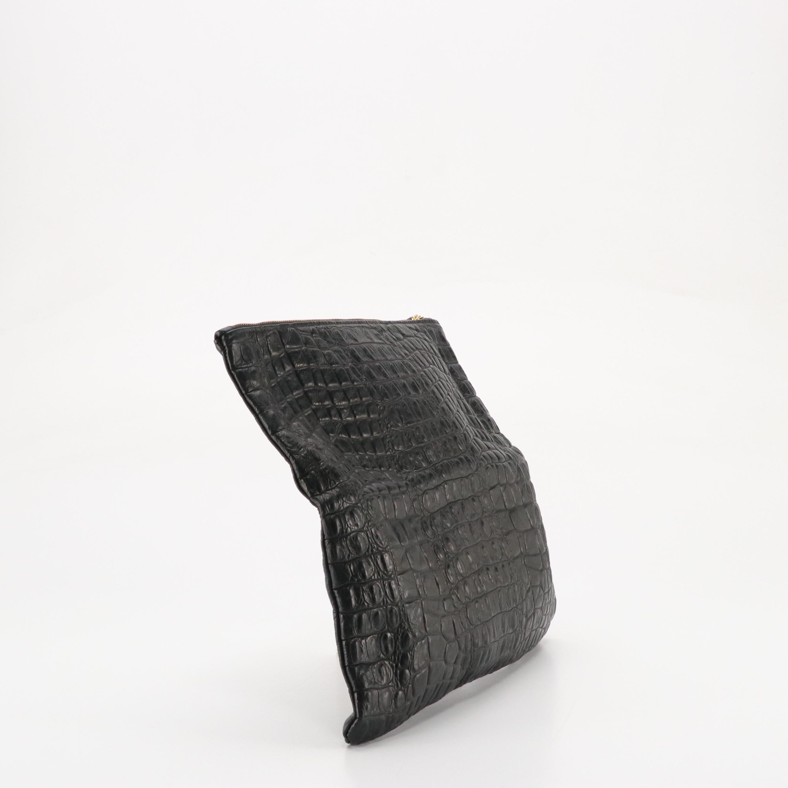 Clare Vivier Foldover Zip Pouch in Black Croc Embossed Leather