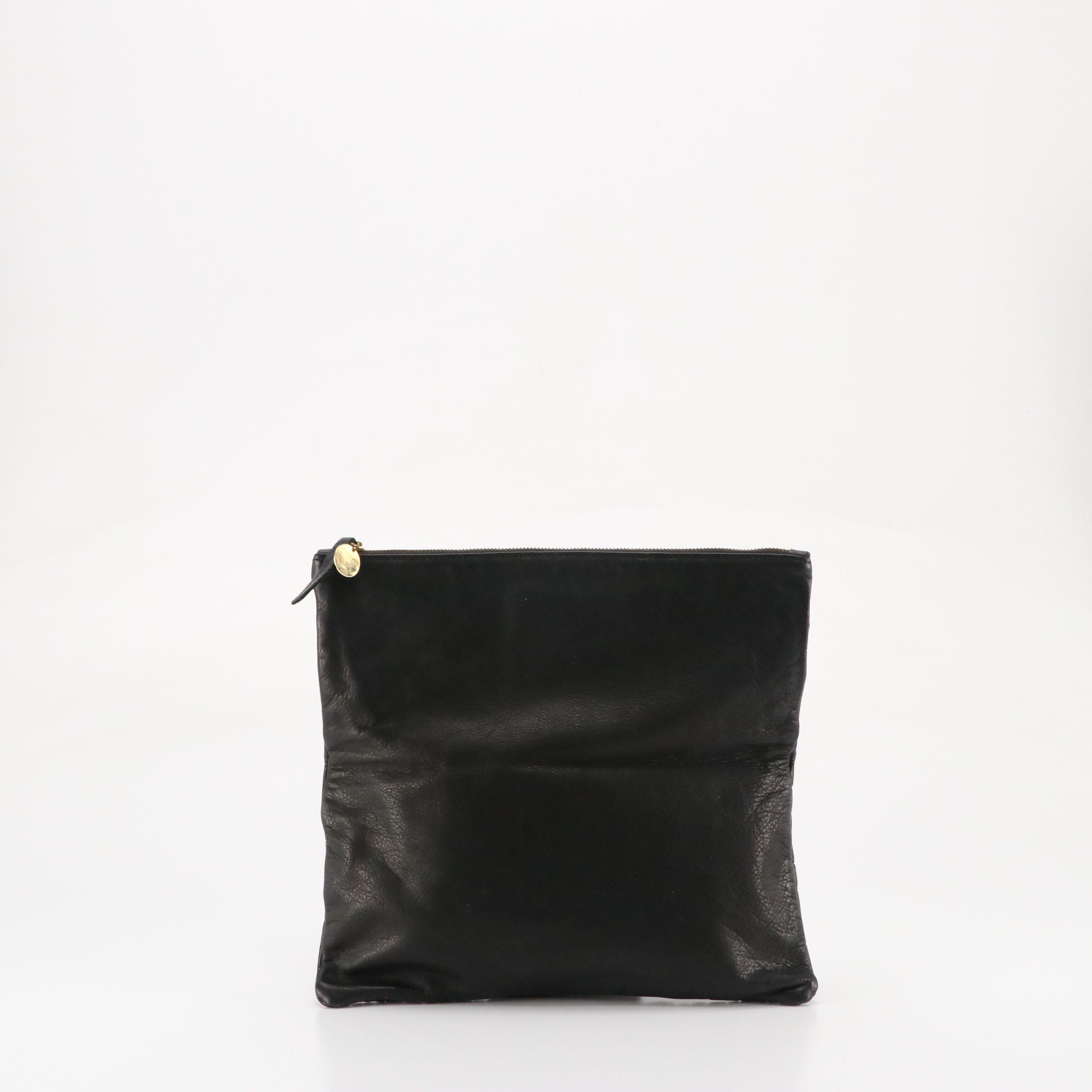 Clare Vivier Foldover Zip Pouch in Black Croc Embossed Leather