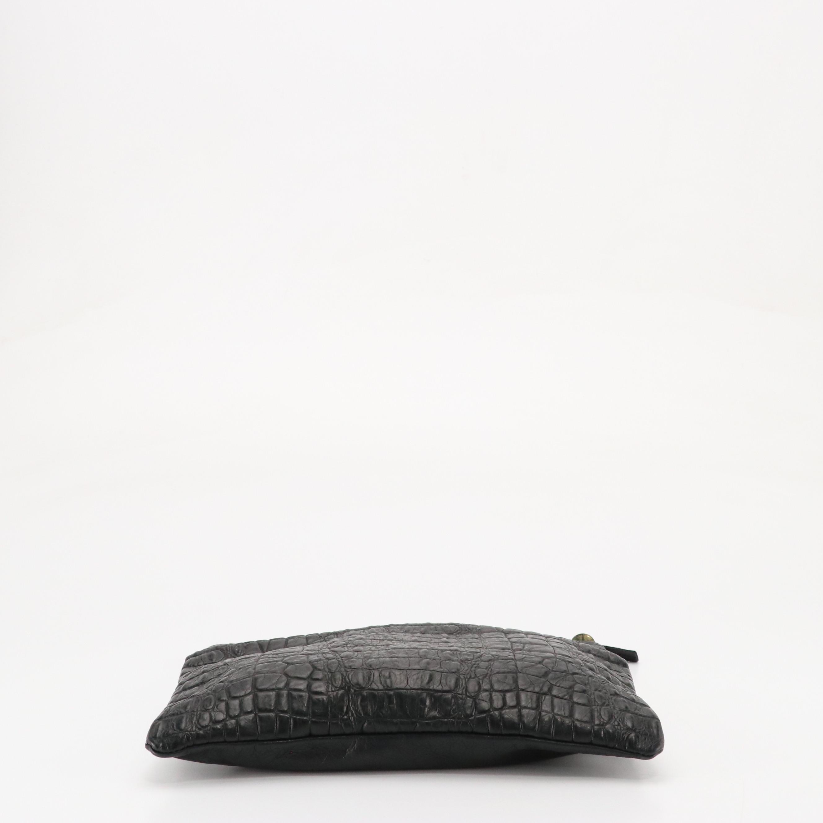 Clare Vivier Foldover Zip Pouch in Black Croc Embossed Leather