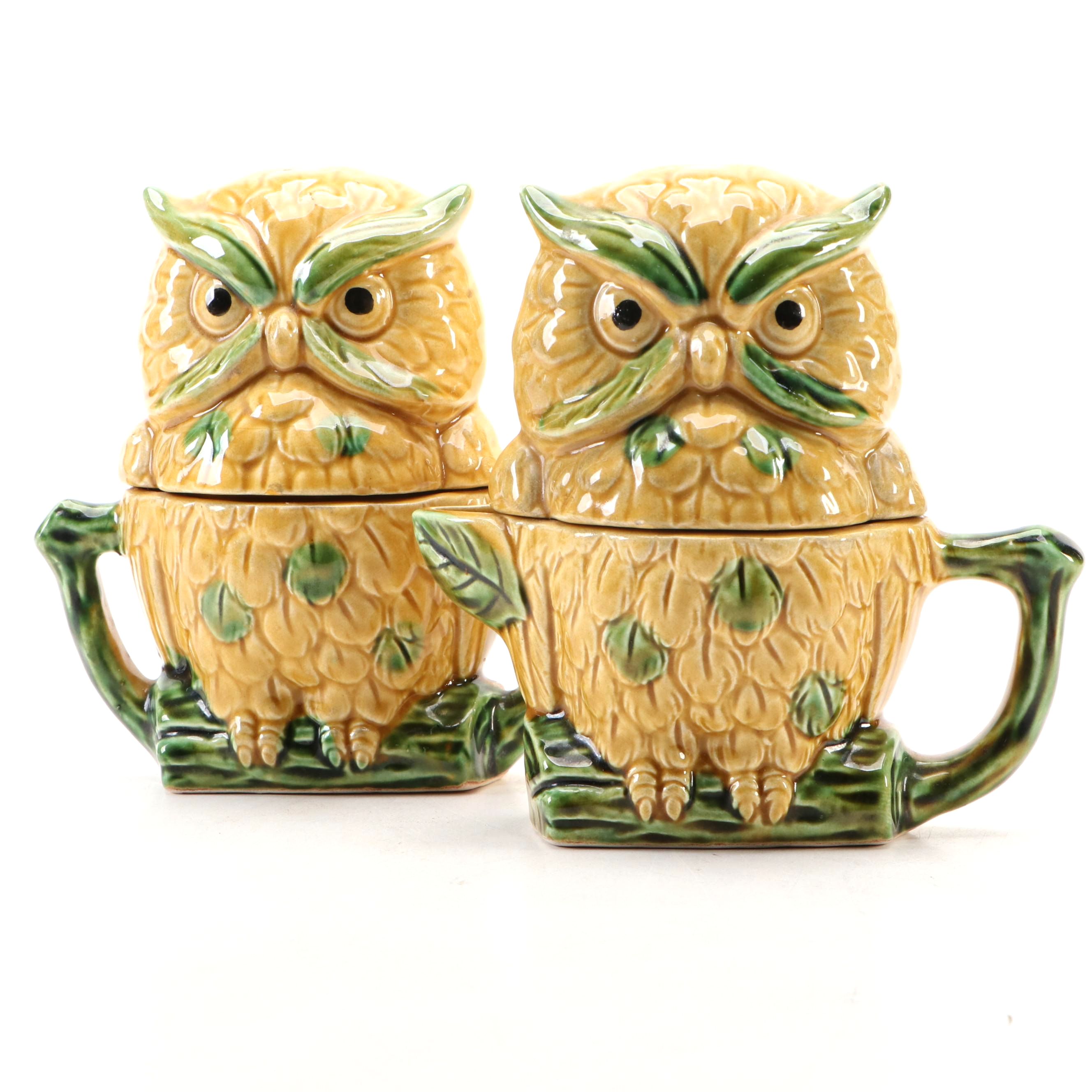 Vintage Japanese Majolica Style Owl Condiment Sets, Mid-20th Century
