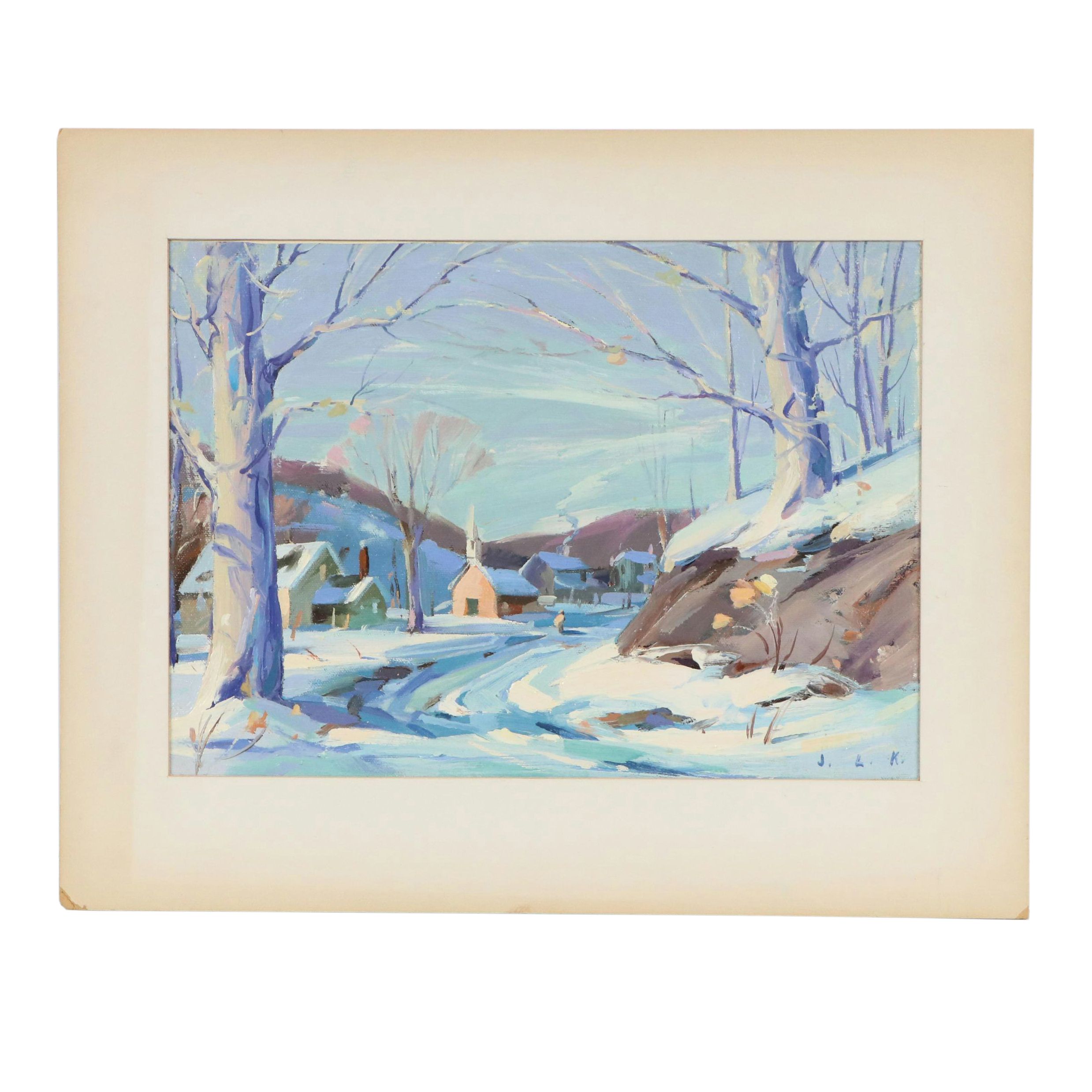 Justin L. Kilbourne Winter Village Landscape Oil Painting