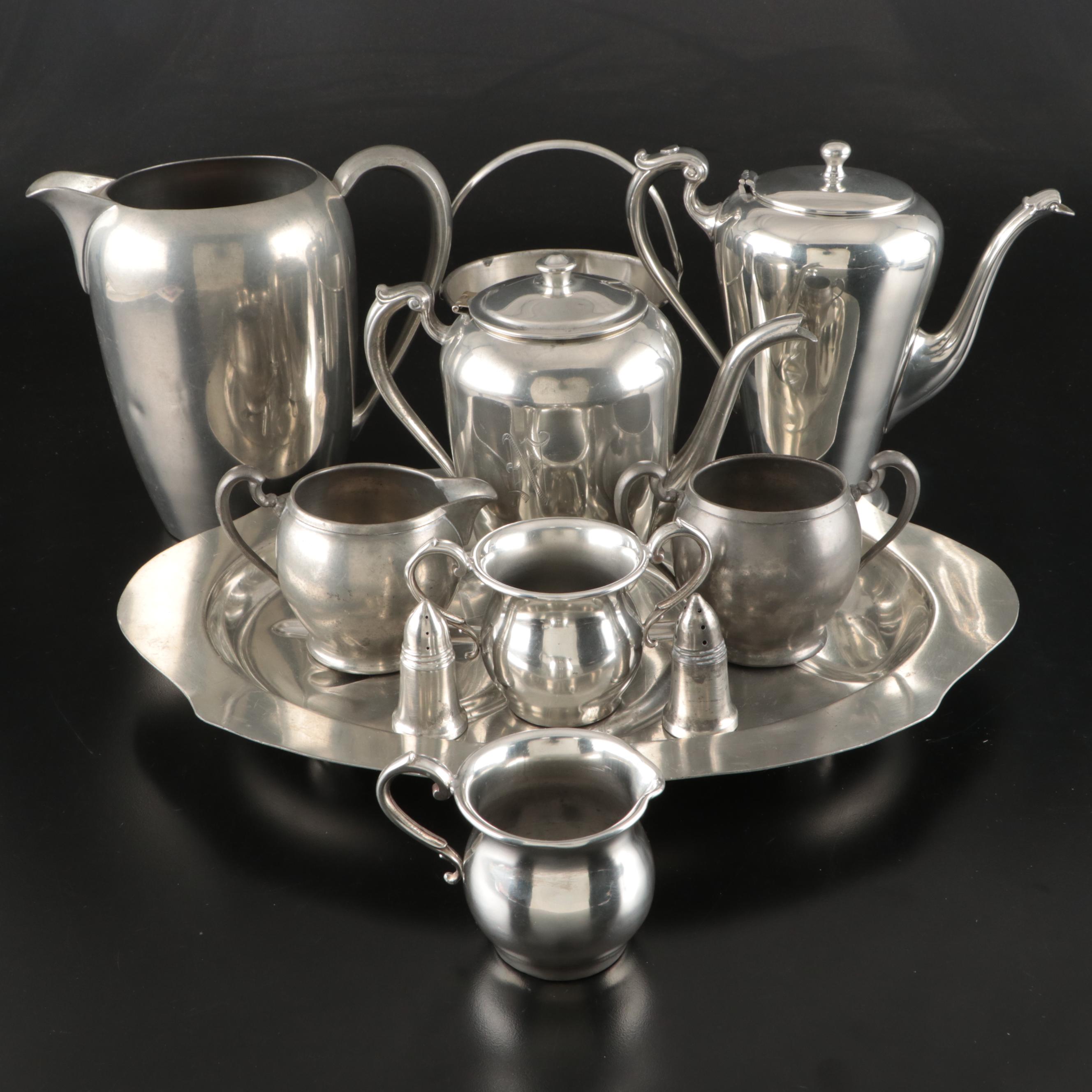 Art Deco Style Coffee Pots with Other Pewter and Table Accessories