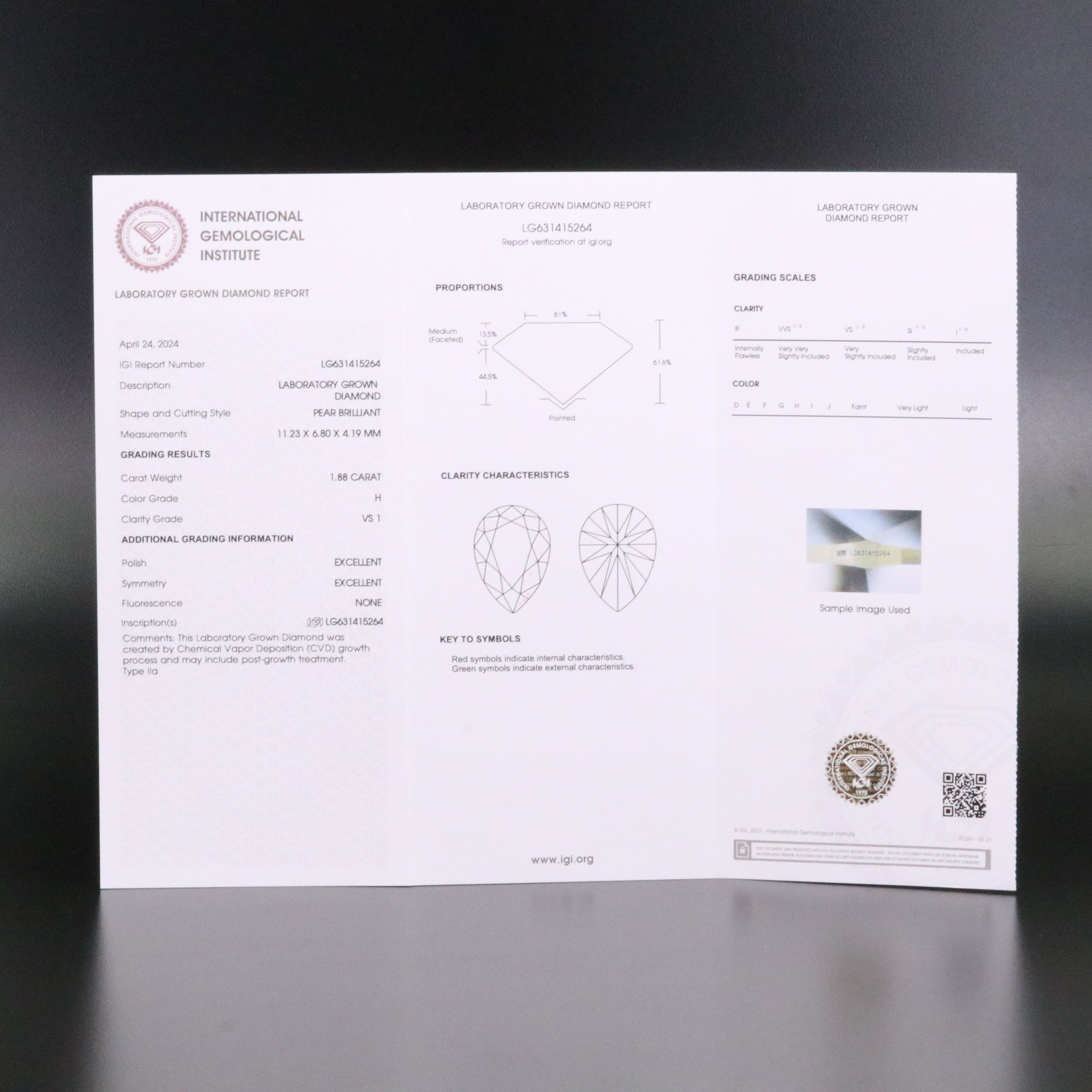 Loose 1.88 CT Lab Grown Diamond with IGI Report