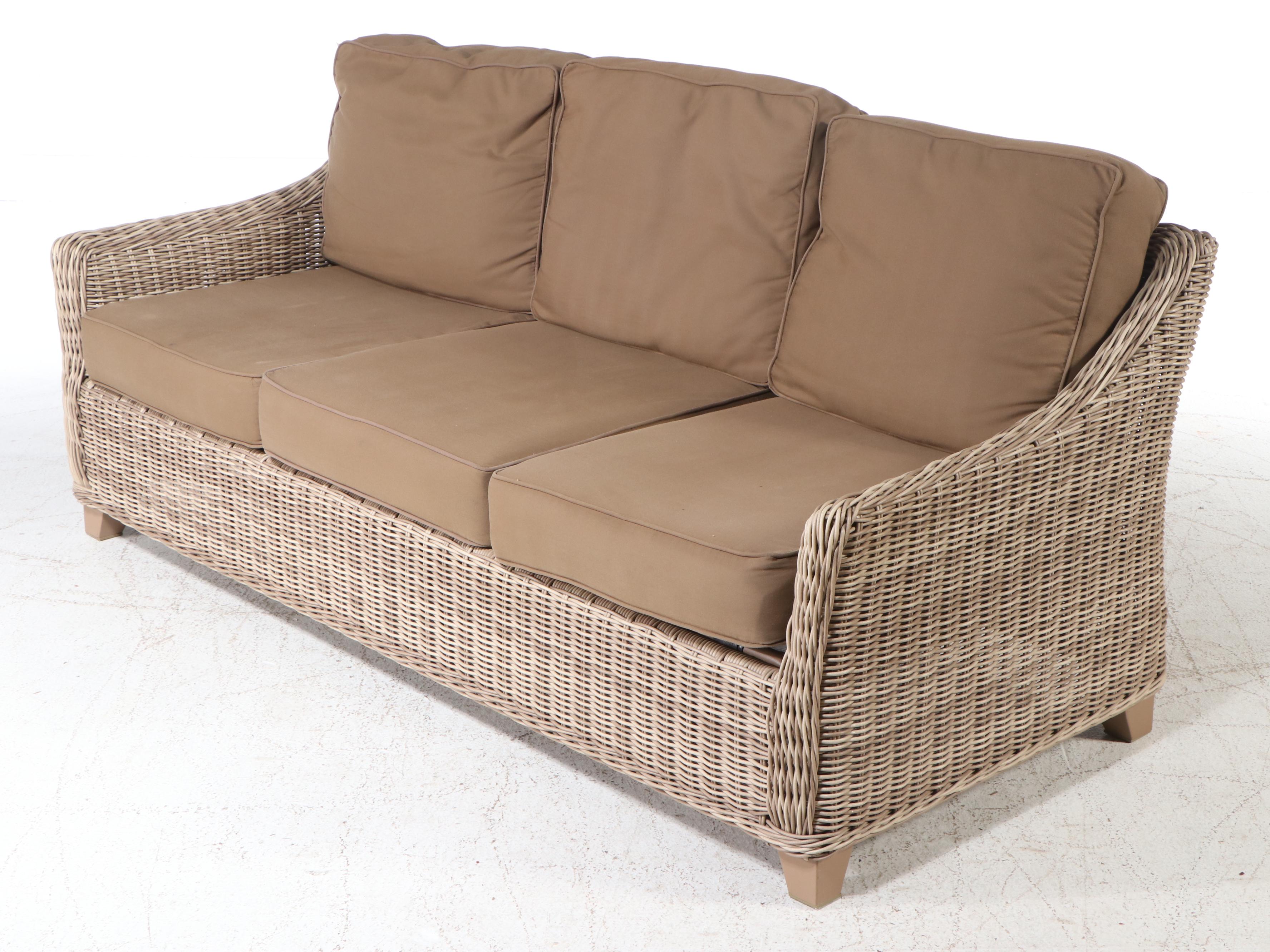PE Rattan Sofa and Glass-Topped Coffee Table with Sunbrella Cushions