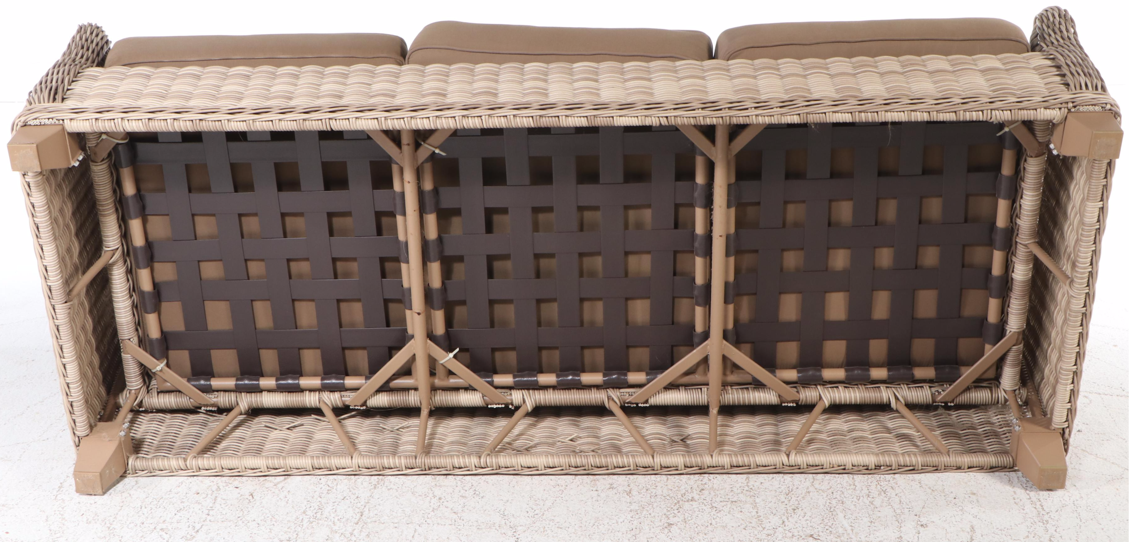 PE Rattan Sofa and Glass-Topped Coffee Table with Sunbrella Cushions