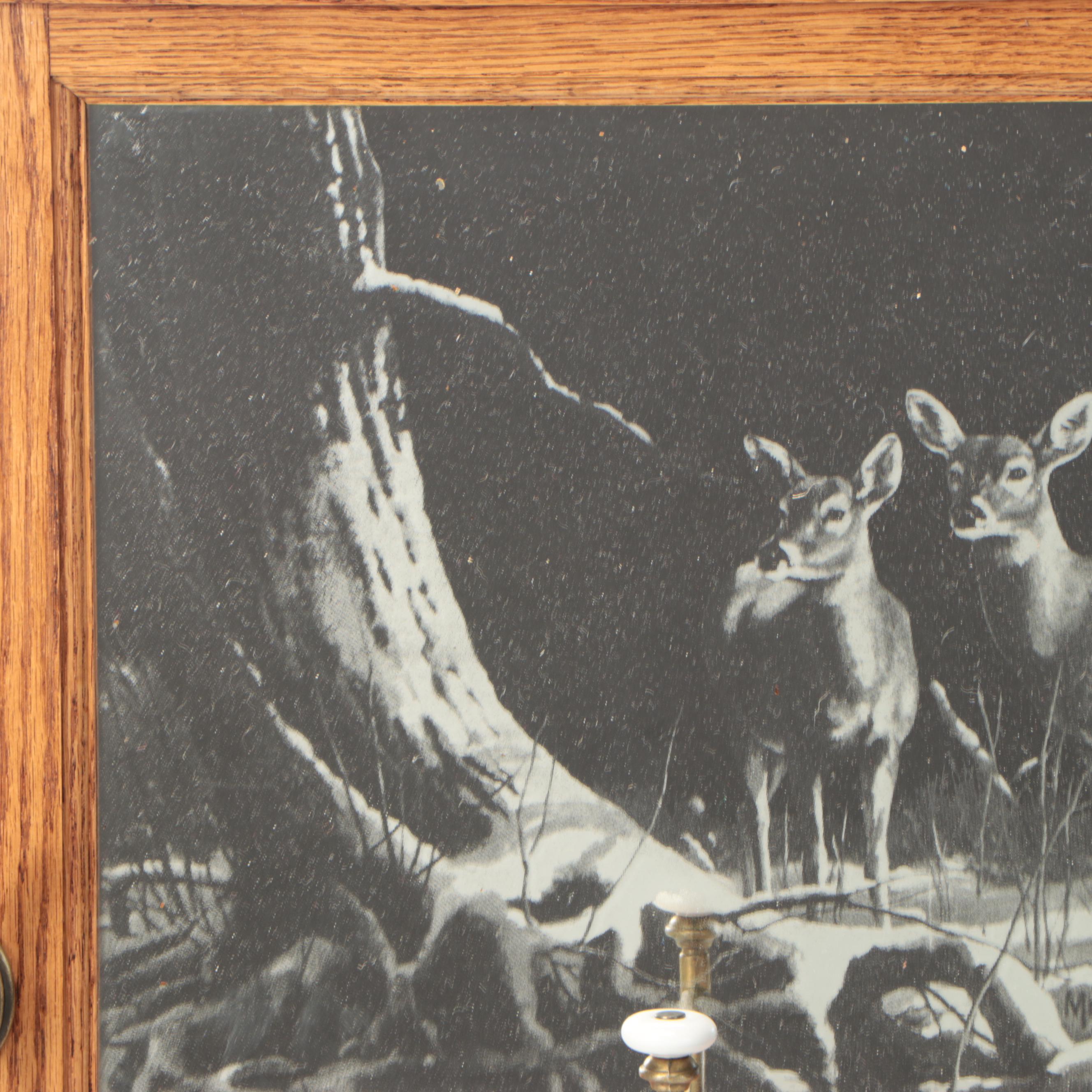 Oak Coat Rack with Etched Deer Scene Mirror