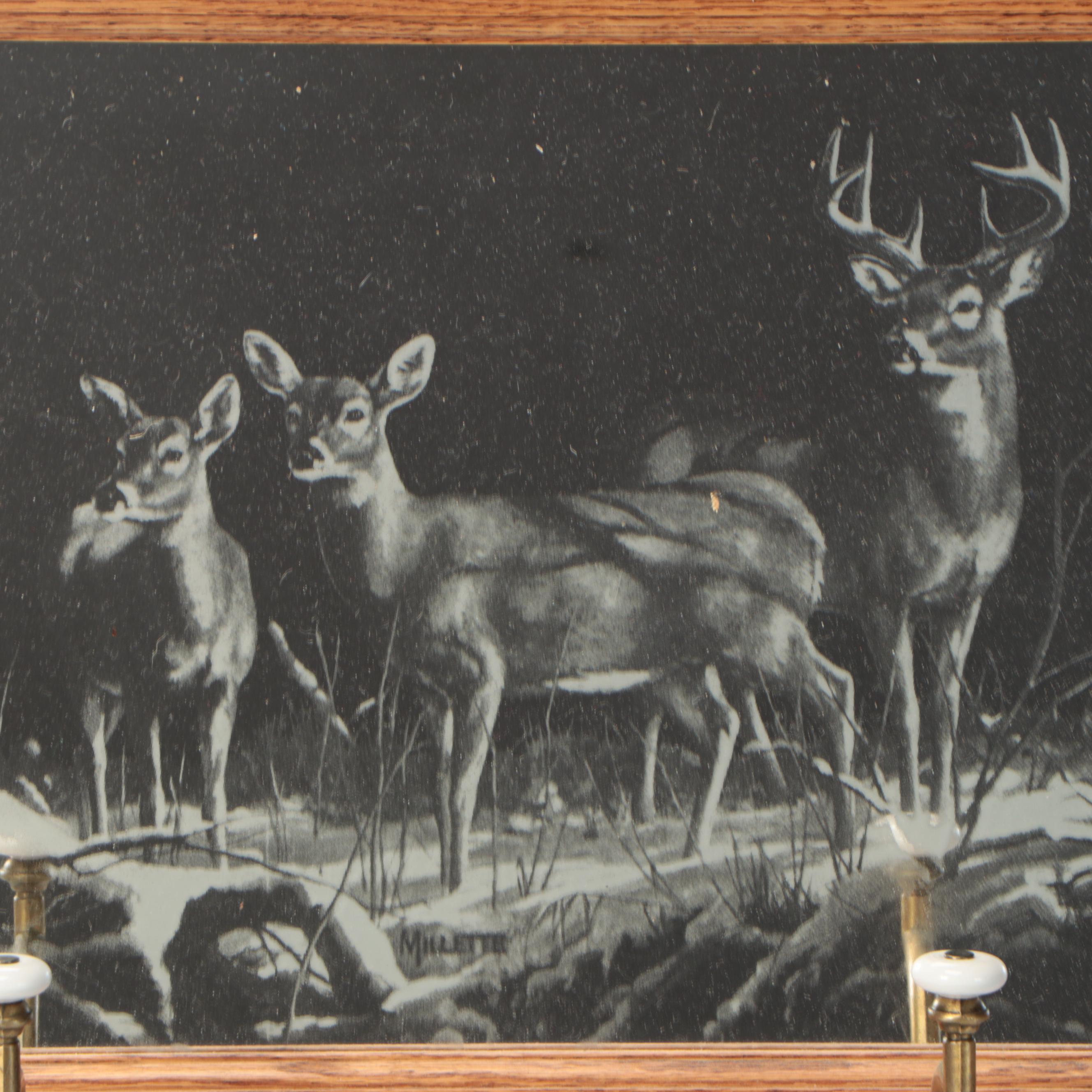 Oak Coat Rack with Etched Deer Scene Mirror