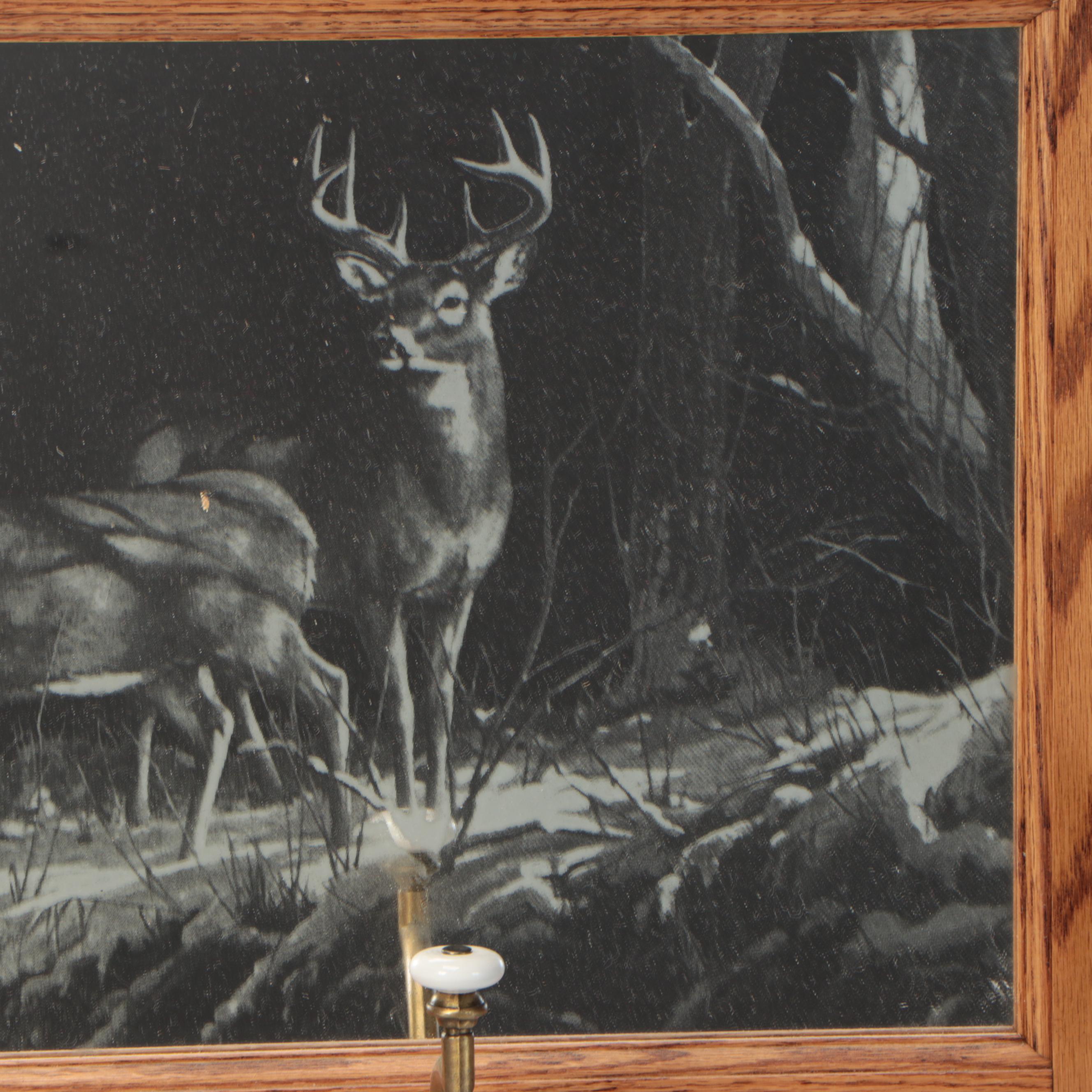 Oak Coat Rack with Etched Deer Scene Mirror