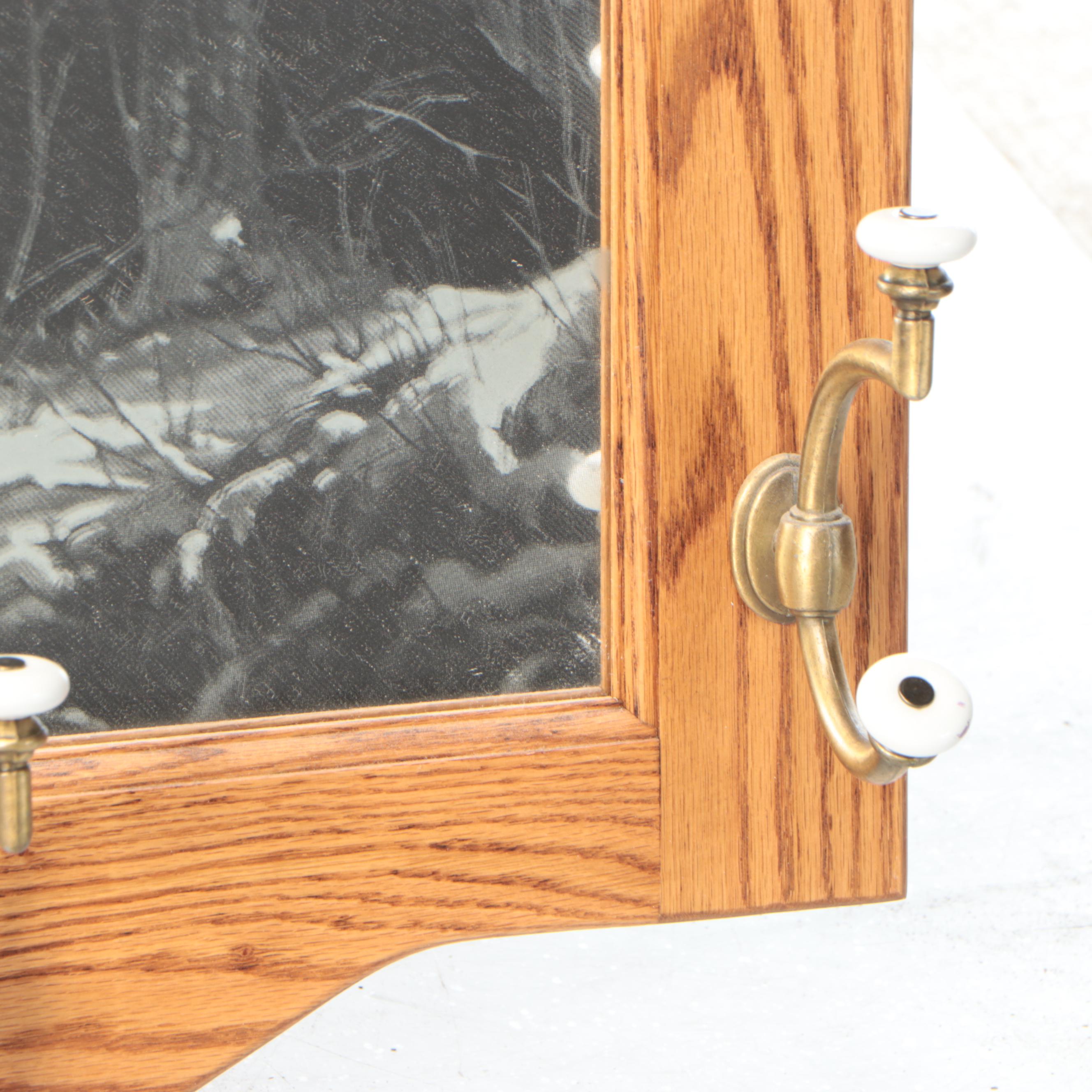 Oak Coat Rack with Etched Deer Scene Mirror