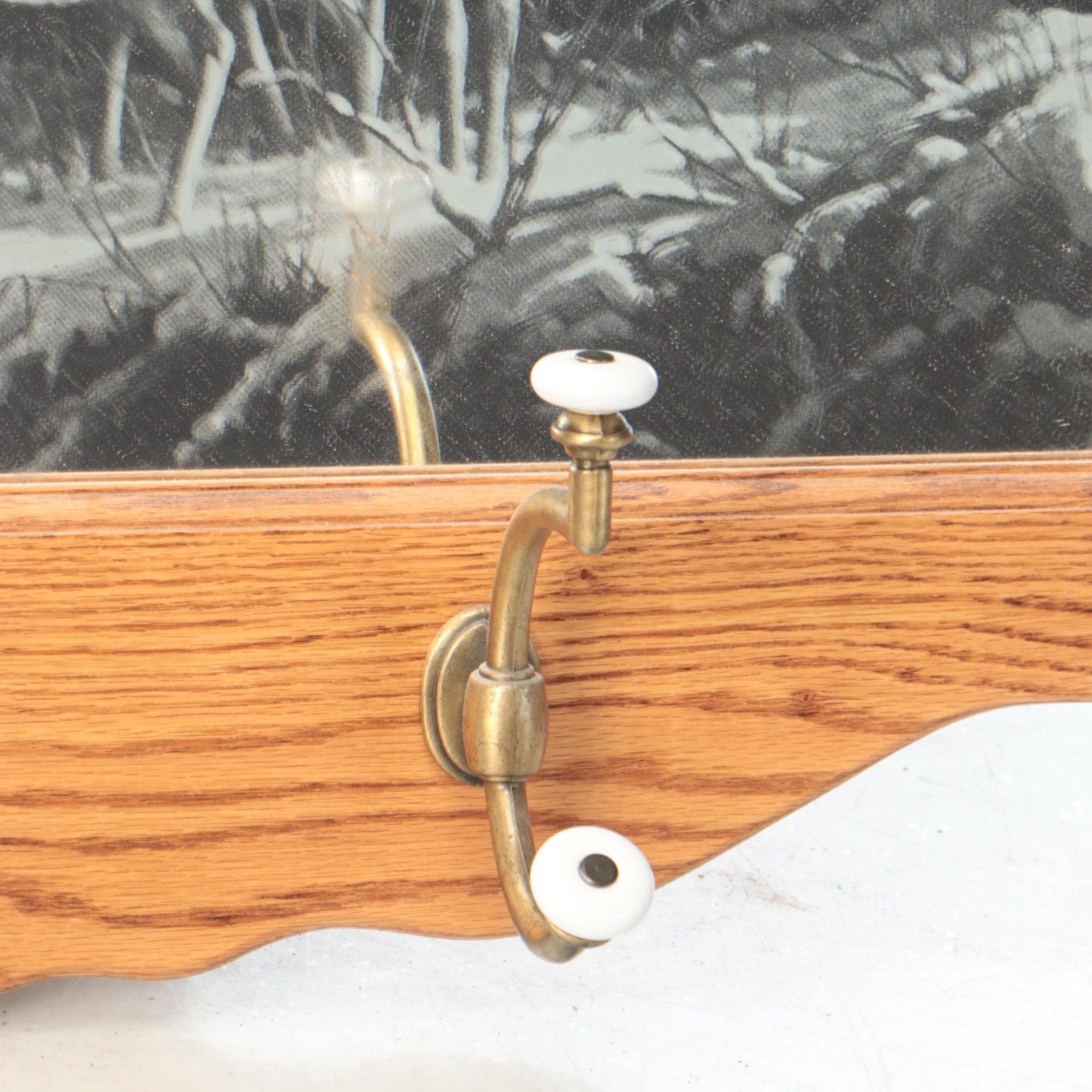 Oak Coat Rack with Etched Deer Scene Mirror