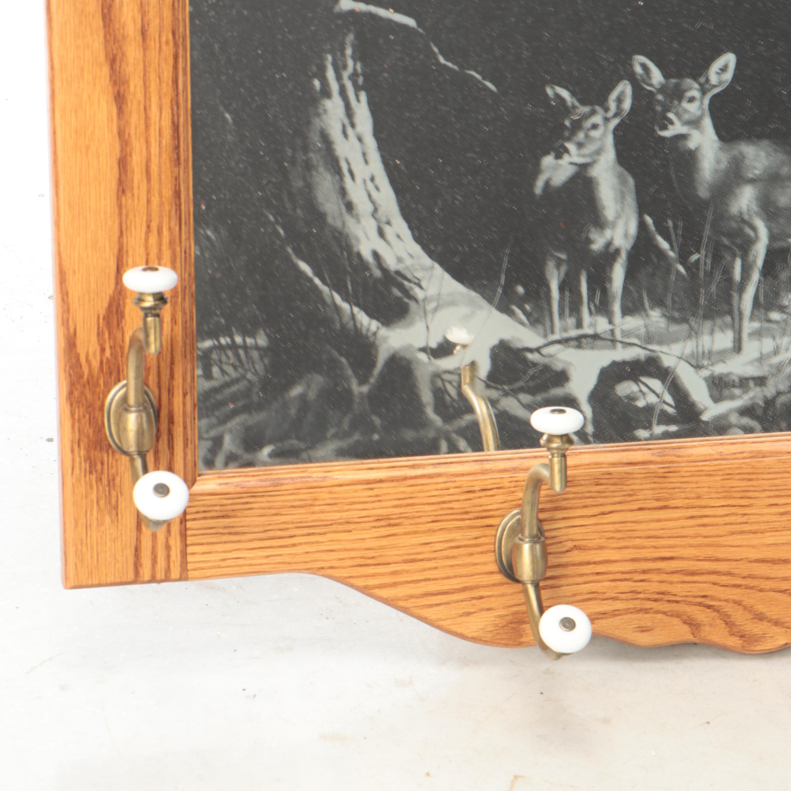 Oak Coat Rack with Etched Deer Scene Mirror