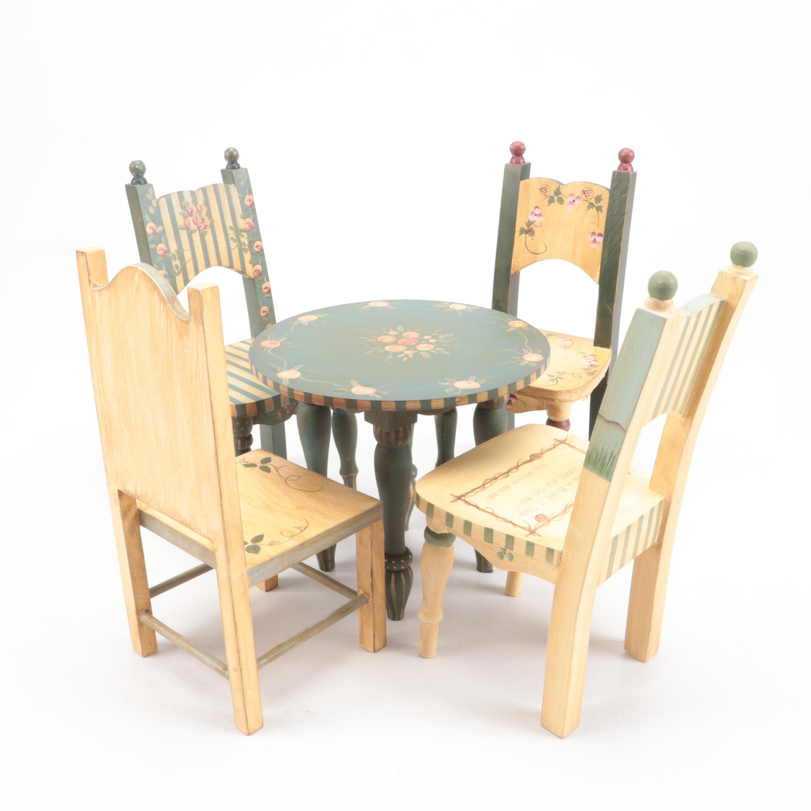Mills River Folk Art Miniature Painted Chairs and Table, Late 20th/ Early 21st C