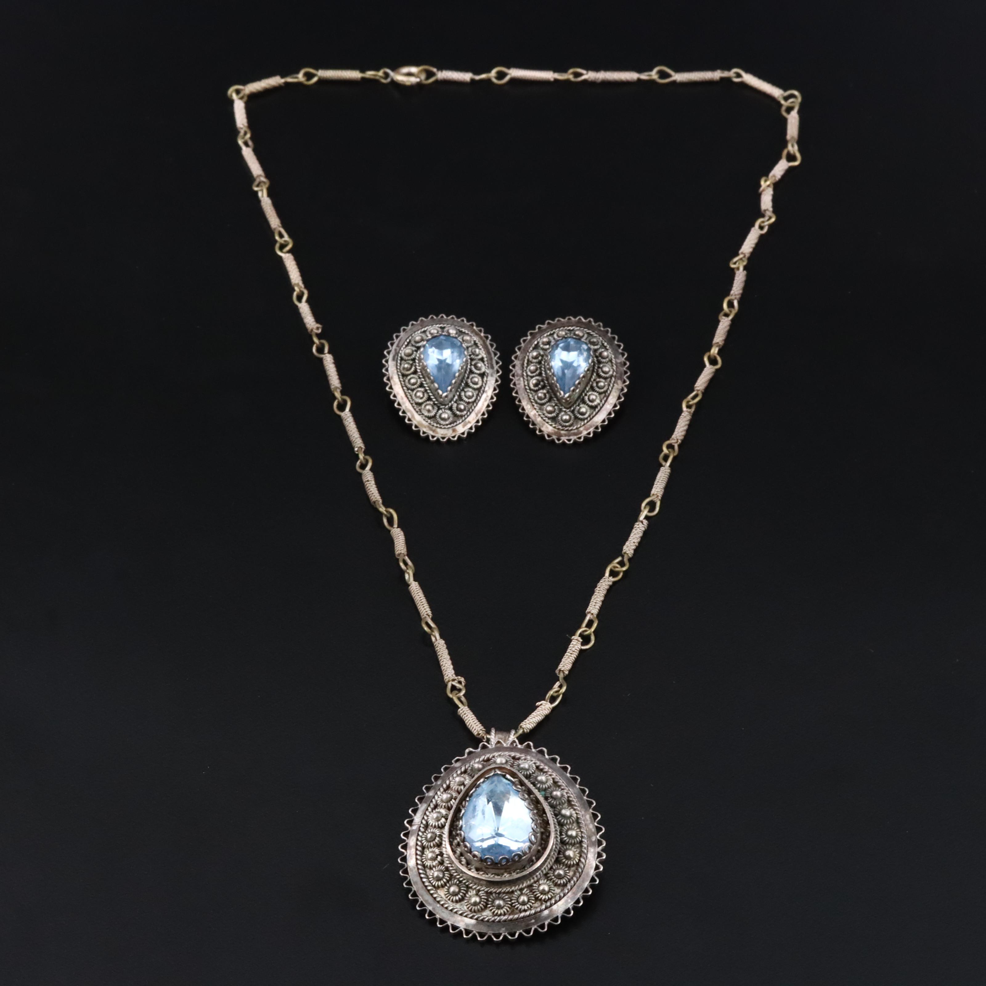 Israeli 935 Silver Cannetille and Glass Pendant and Earring Set with Chain
