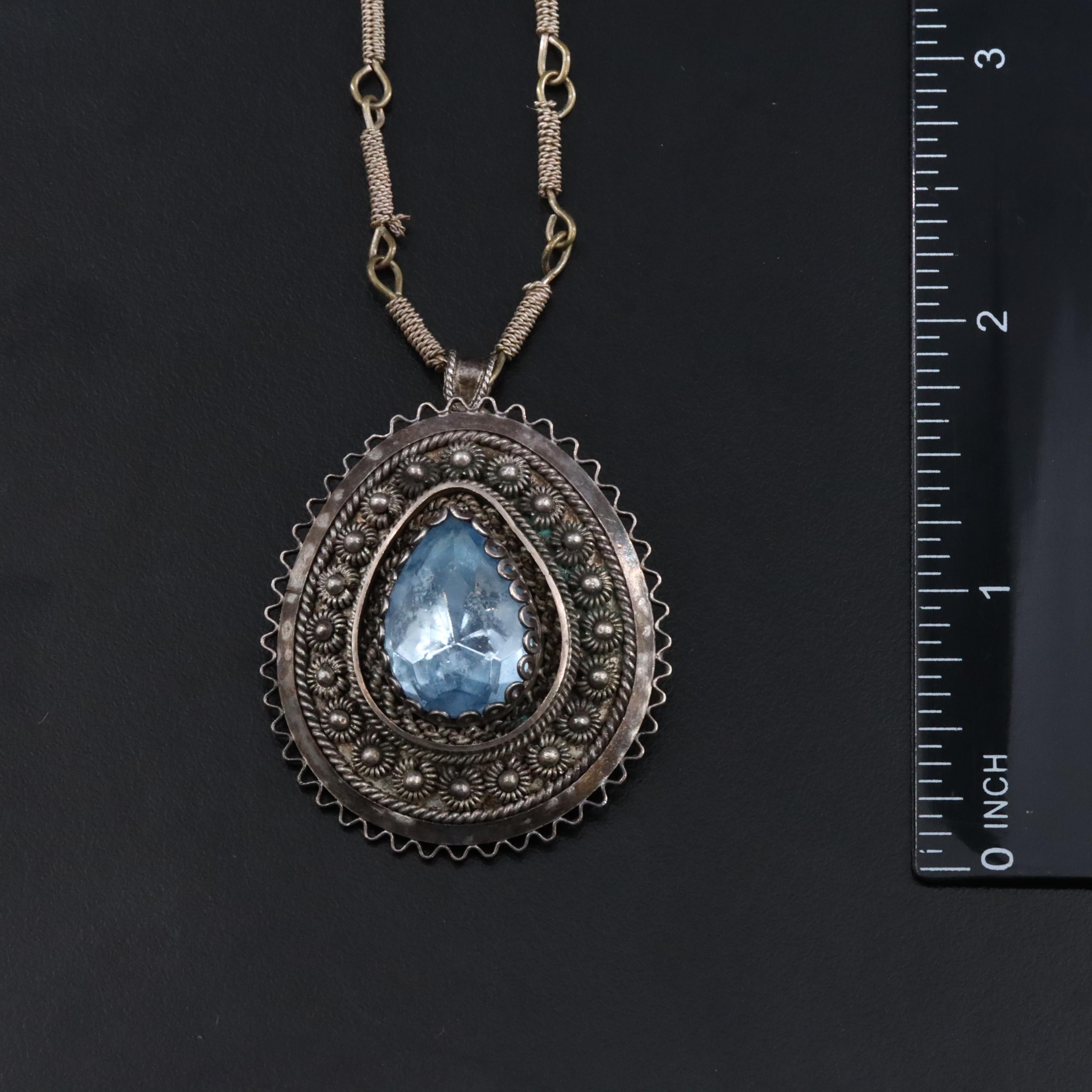 Israeli 935 Silver Cannetille and Glass Pendant and Earring Set with Chain