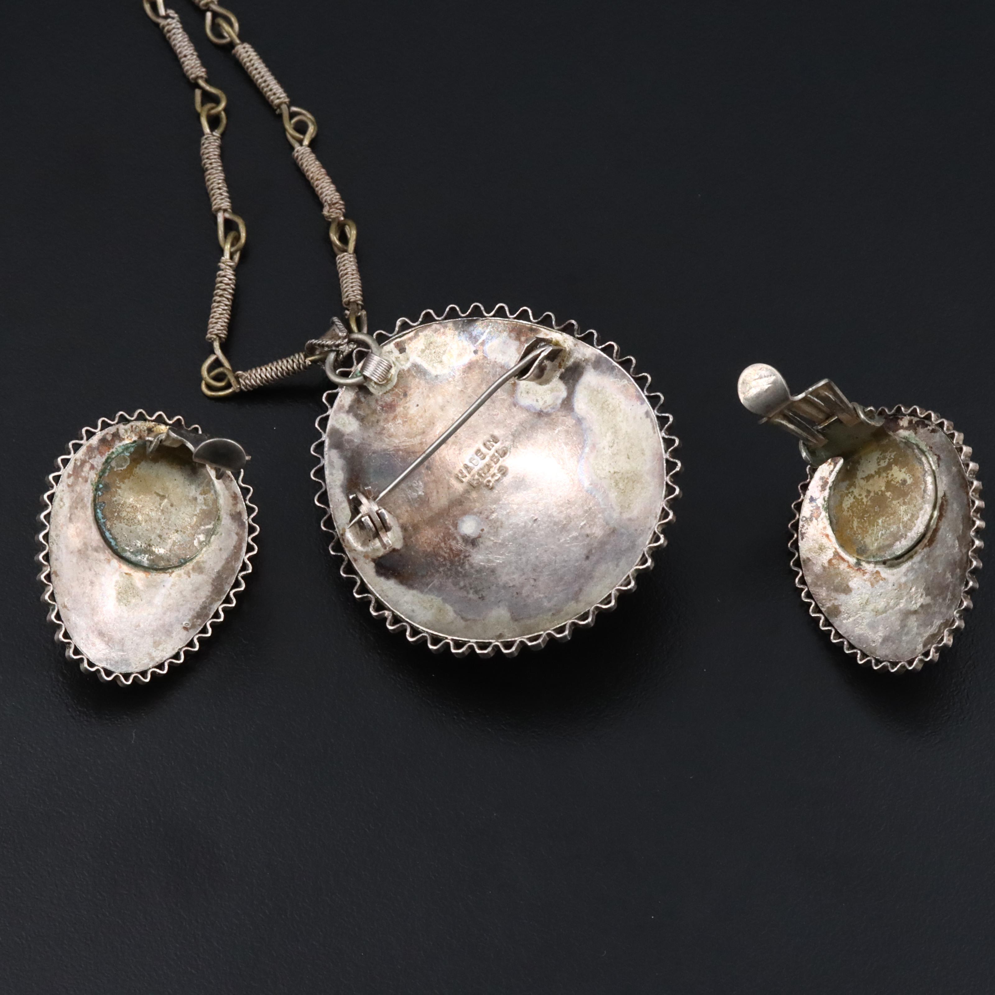 Israeli 935 Silver Cannetille and Glass Pendant and Earring Set with Chain