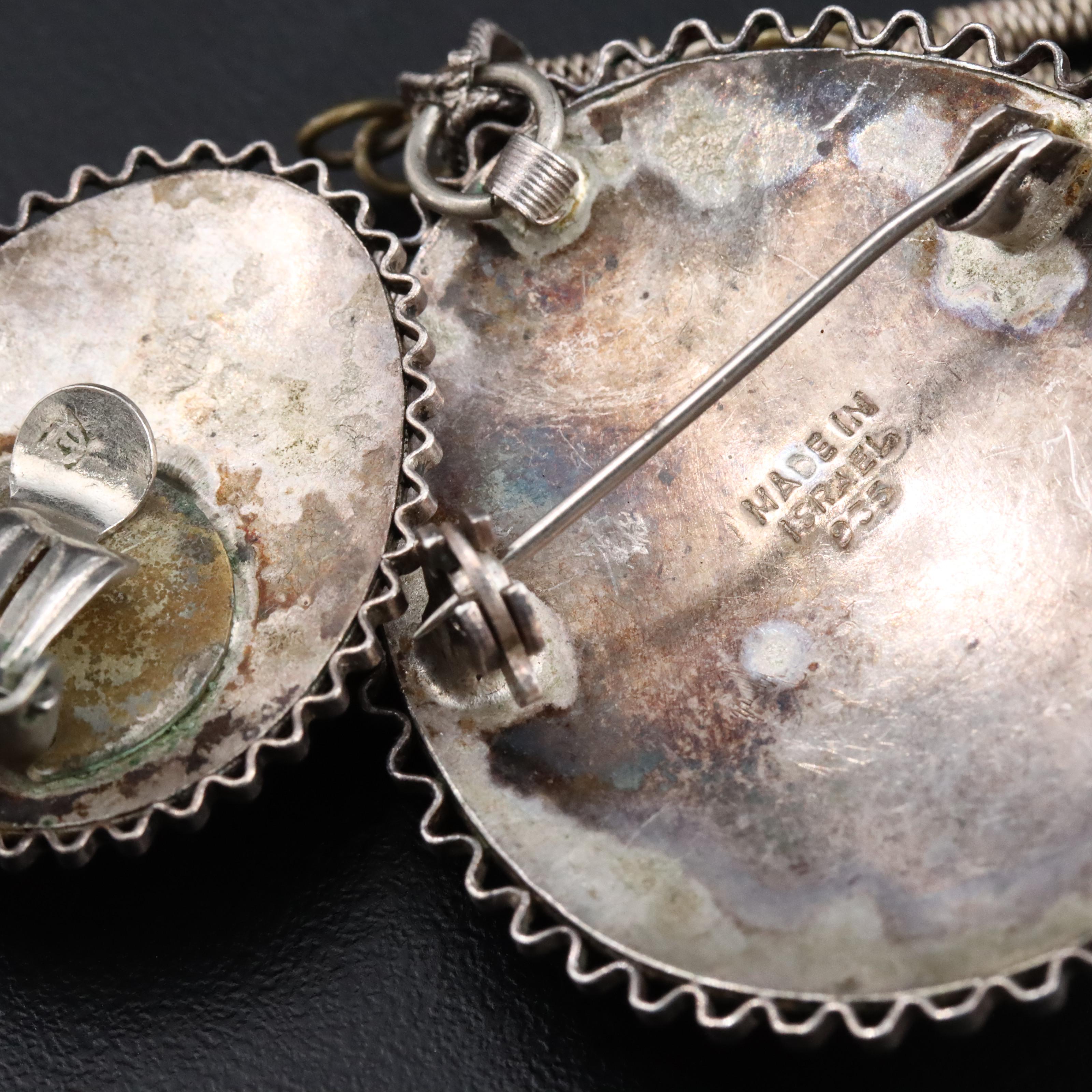 Israeli 935 Silver Cannetille and Glass Pendant and Earring Set with Chain