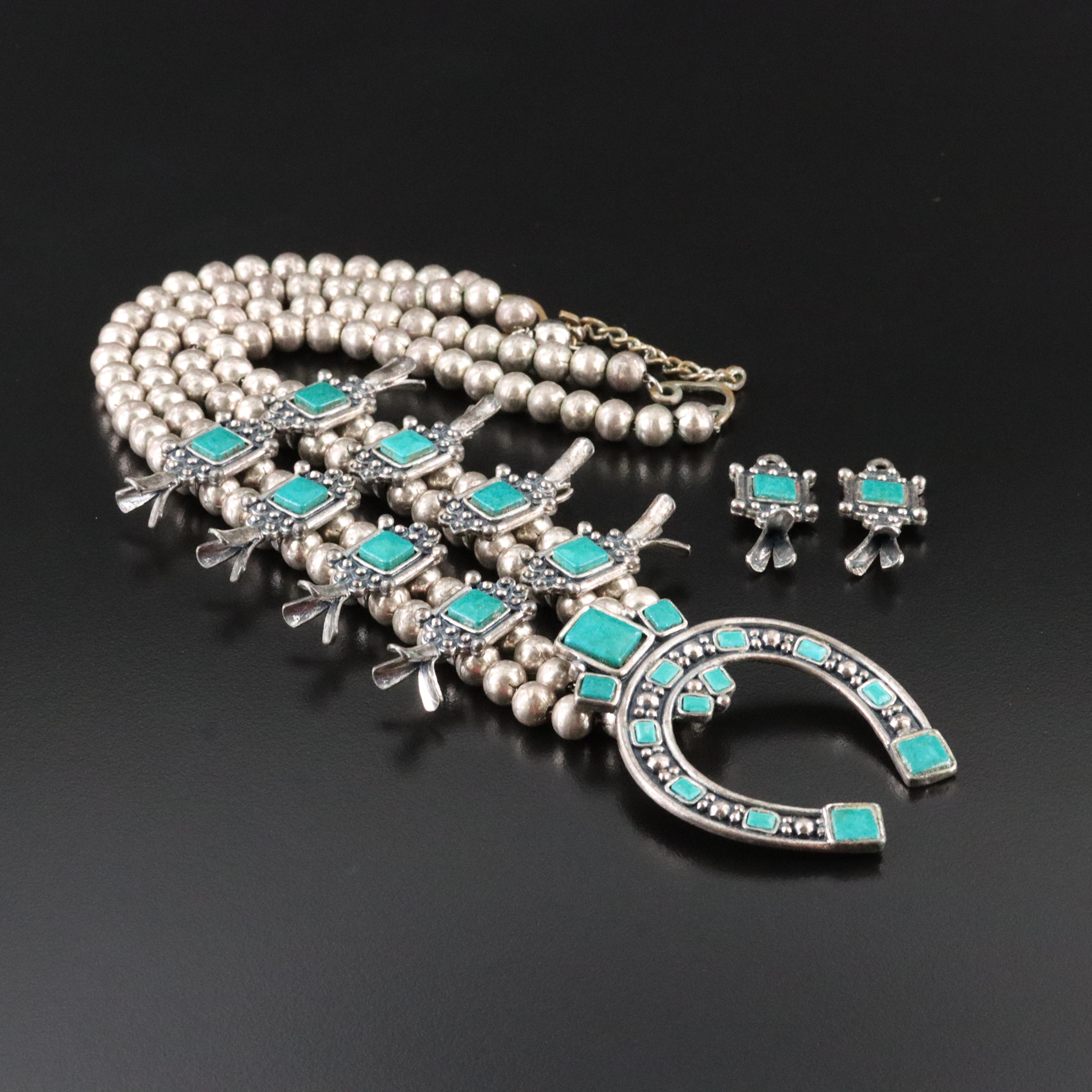 Western Squash Blossom Necklace and Earring Enhancers with Faux Turquoise