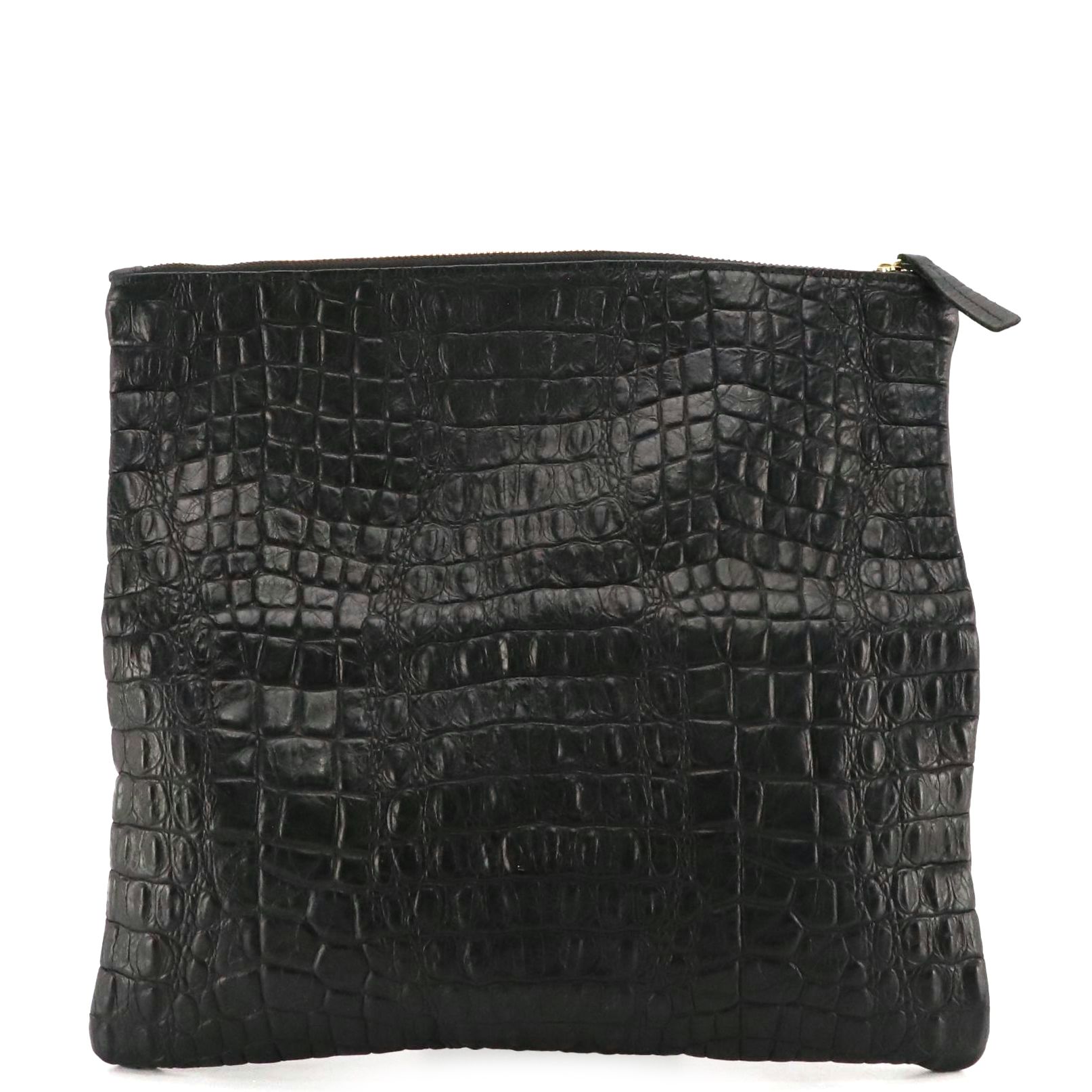 Clare Vivier Foldover Zip Pouch in Black Croc Embossed Leather