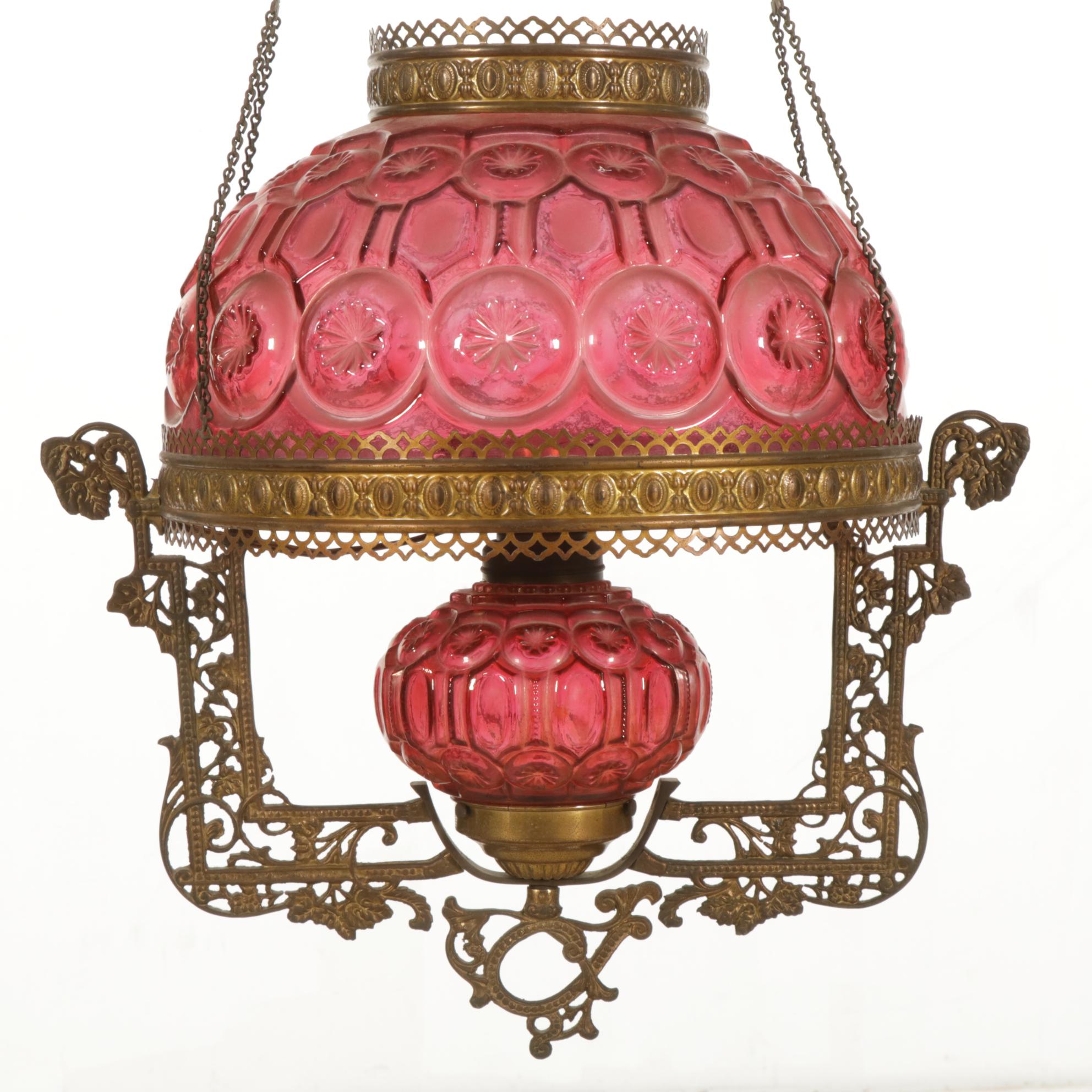 Victorian Pressed Pink Glass Hall Pendant Oil Lamp, Adapted 20th Century