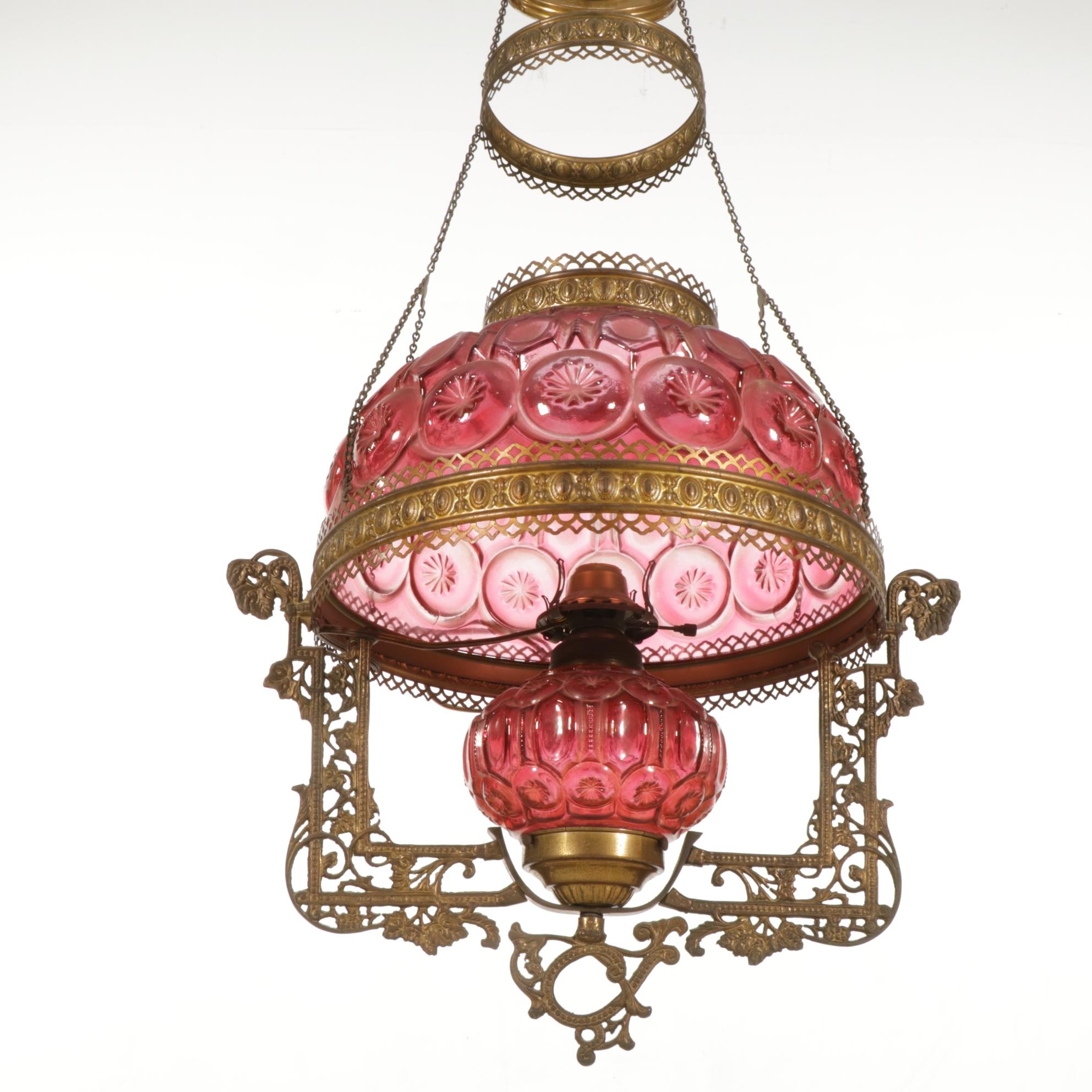 Victorian Pressed Pink Glass Hall Pendant Oil Lamp, Adapted 20th Century