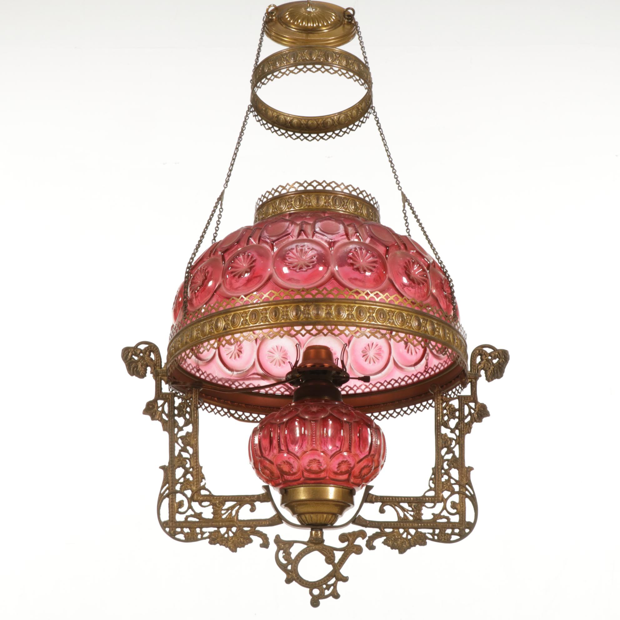 Victorian Pressed Pink Glass Hall Pendant Oil Lamp, Adapted 20th Century