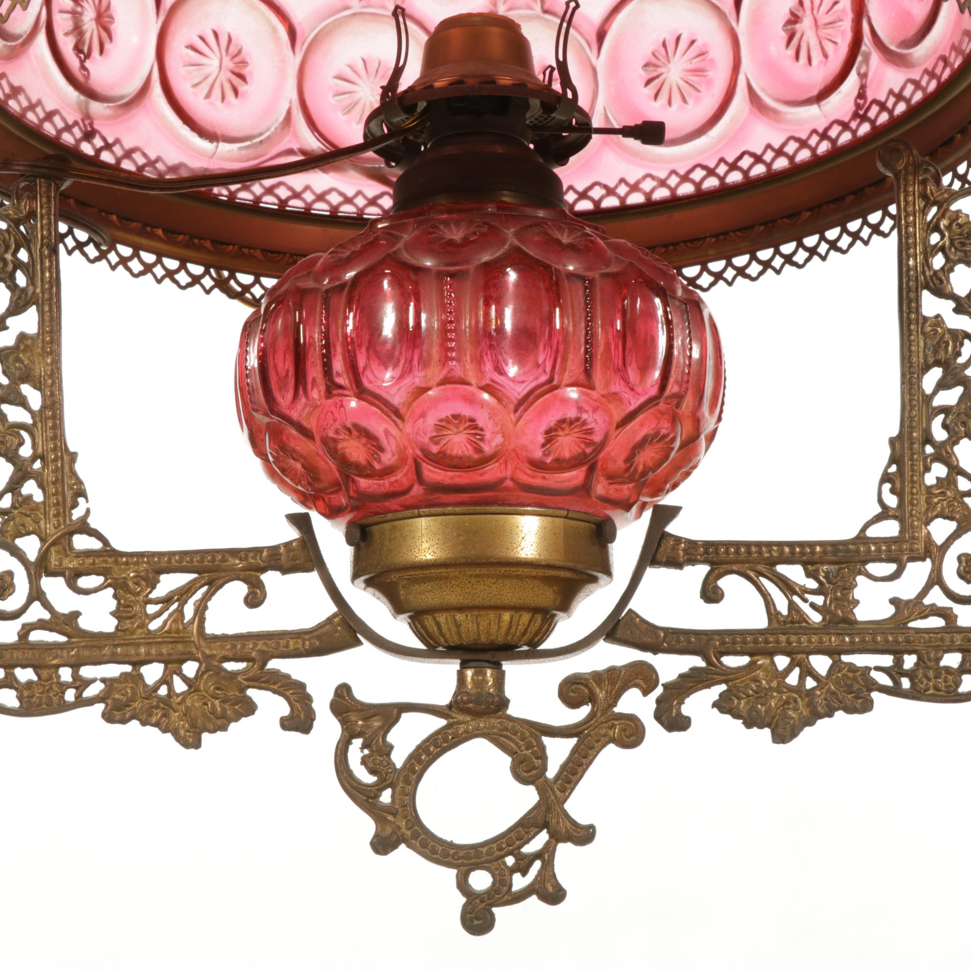 Victorian Pressed Pink Glass Hall Pendant Oil Lamp, Adapted 20th Century