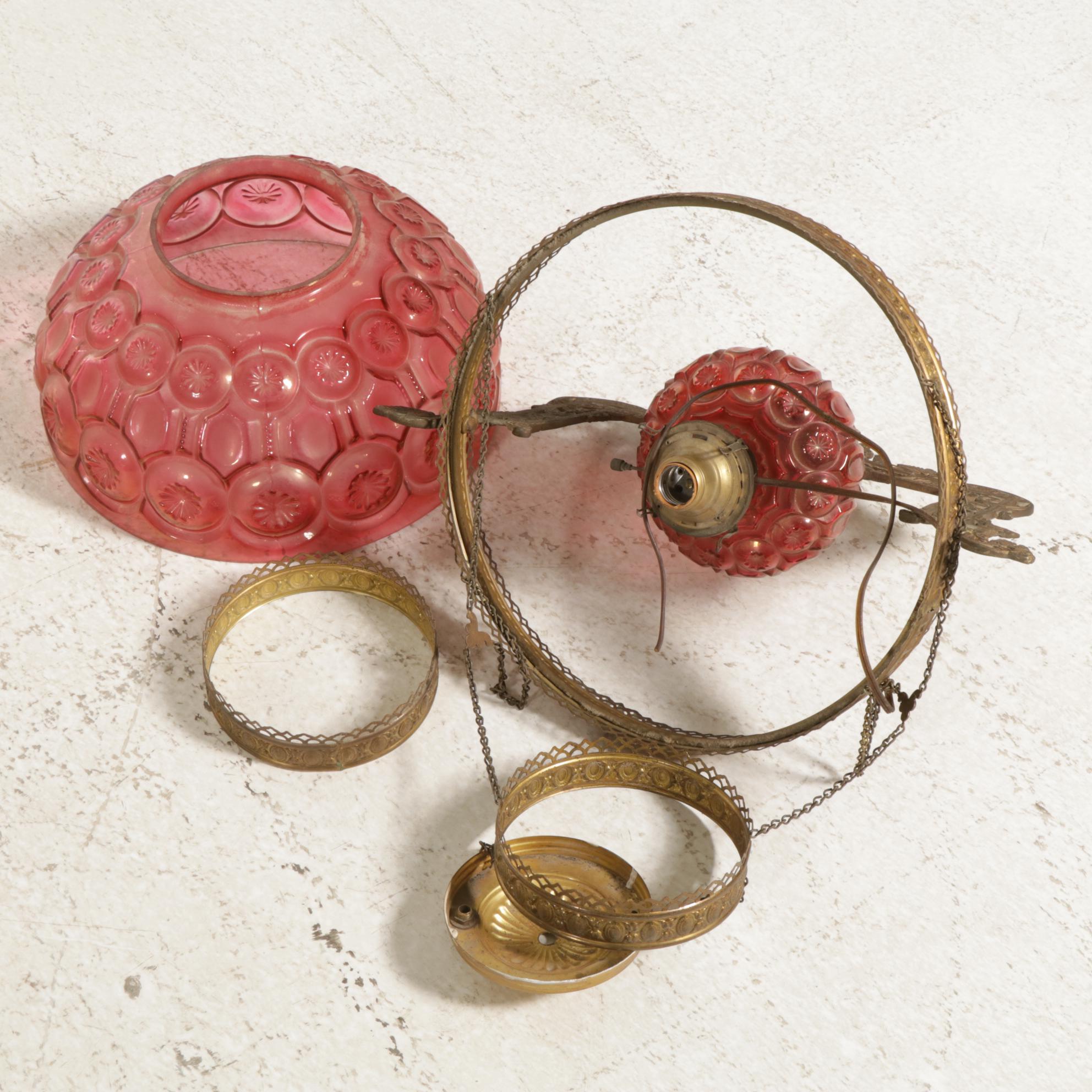 Victorian Pressed Pink Glass Hall Pendant Oil Lamp, Adapted 20th Century