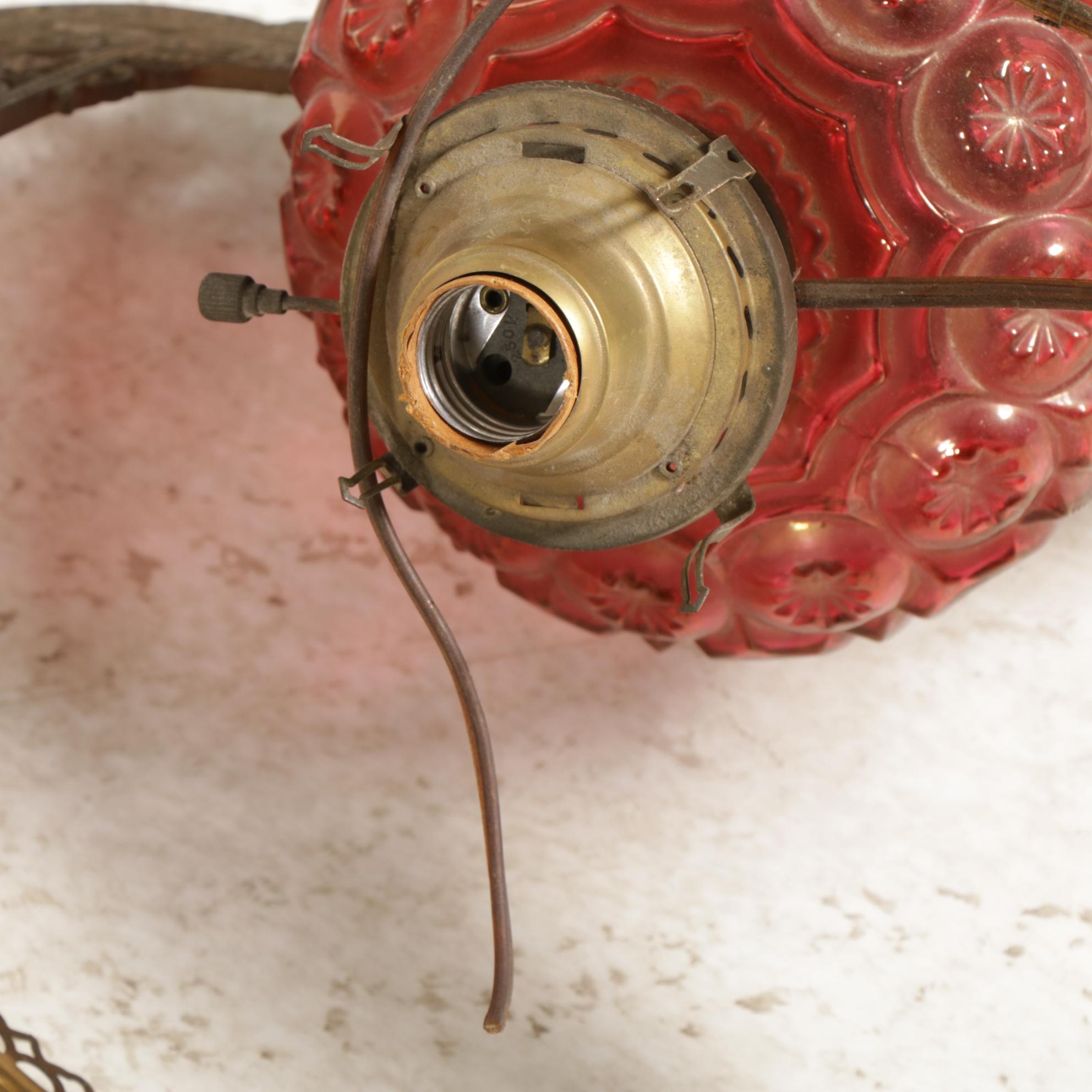 Victorian Pressed Pink Glass Hall Pendant Oil Lamp, Adapted 20th Century