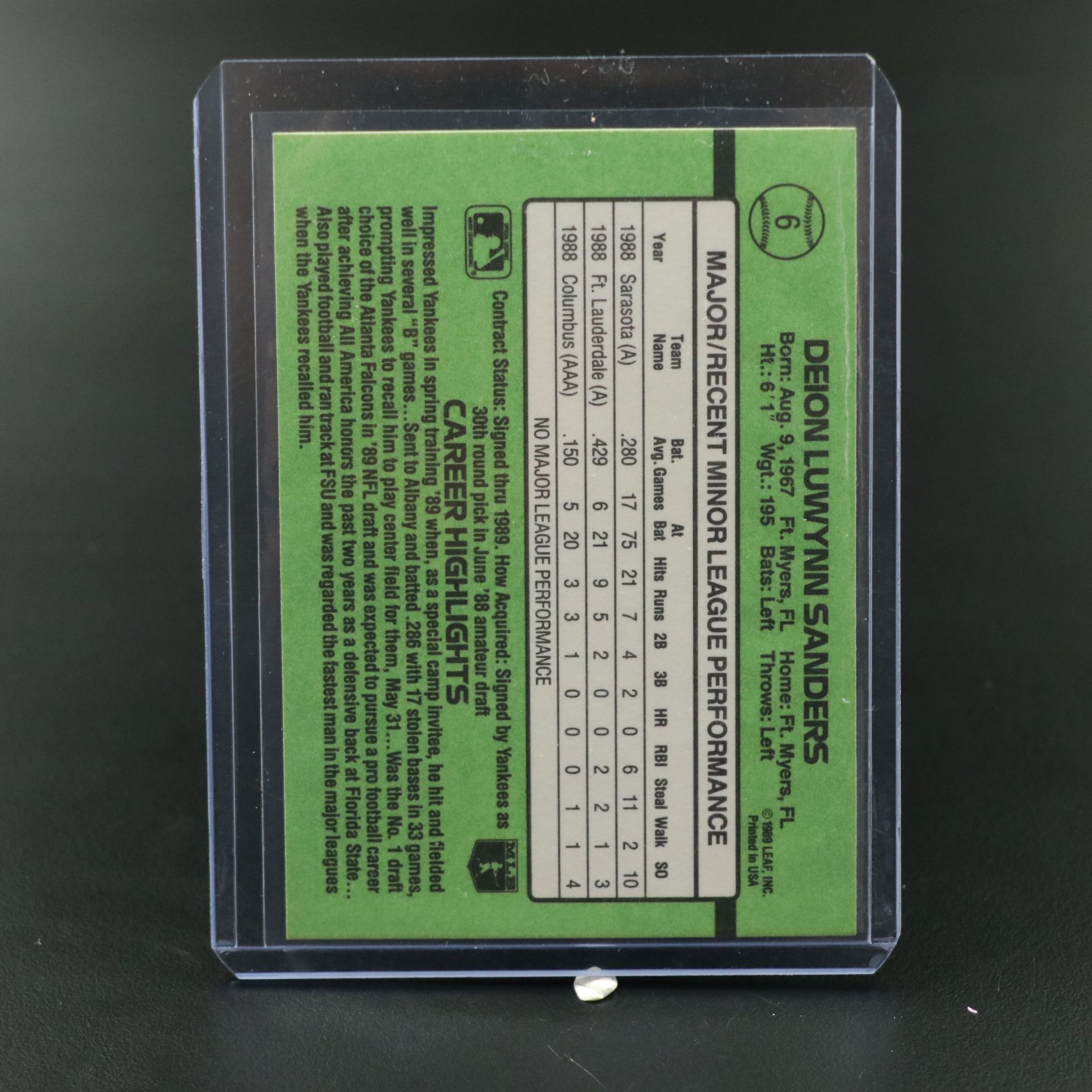 1989 Donruss Deion Sanders New York Yankees Baseball Rookie Card