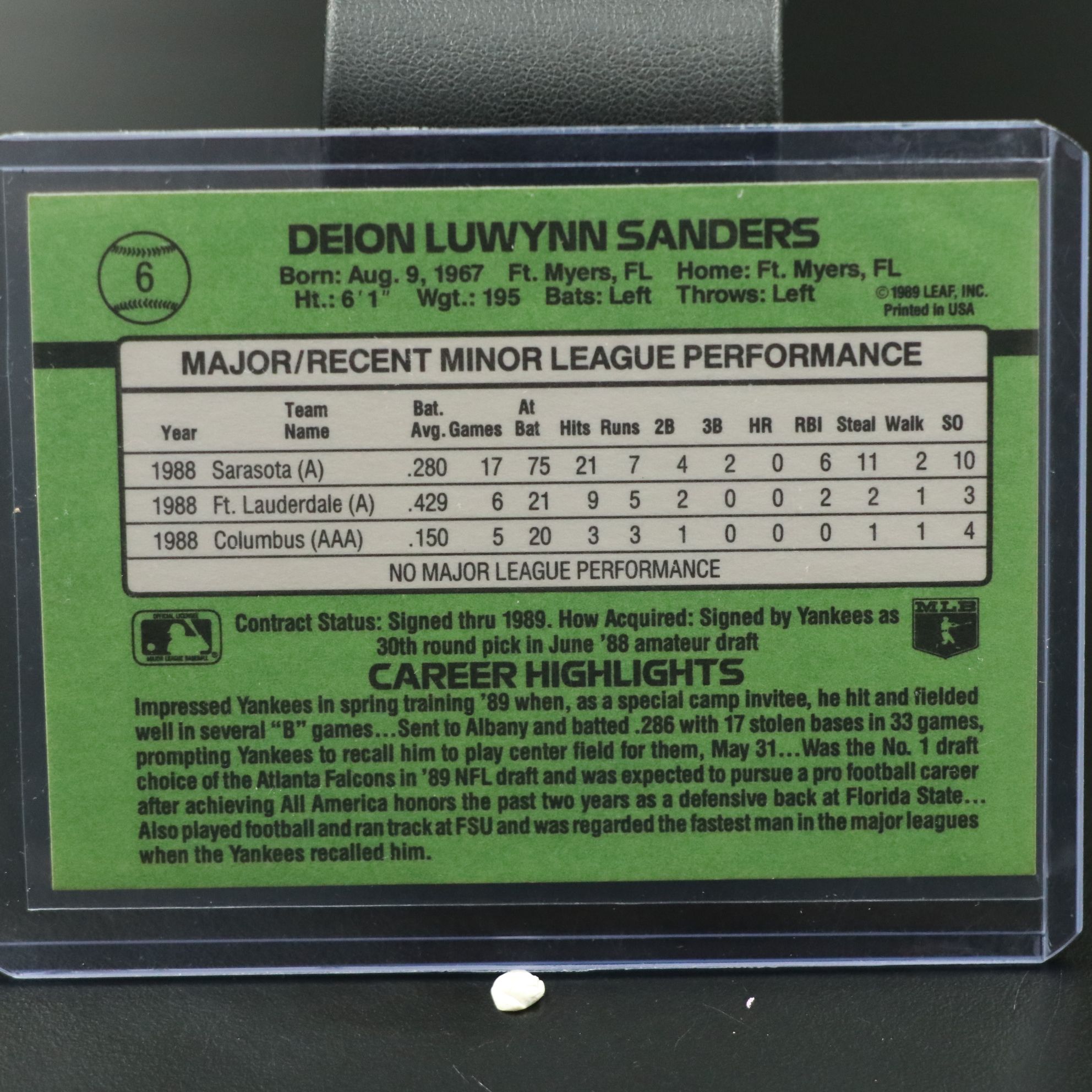 1989 Donruss Deion Sanders New York Yankees Baseball Rookie Card