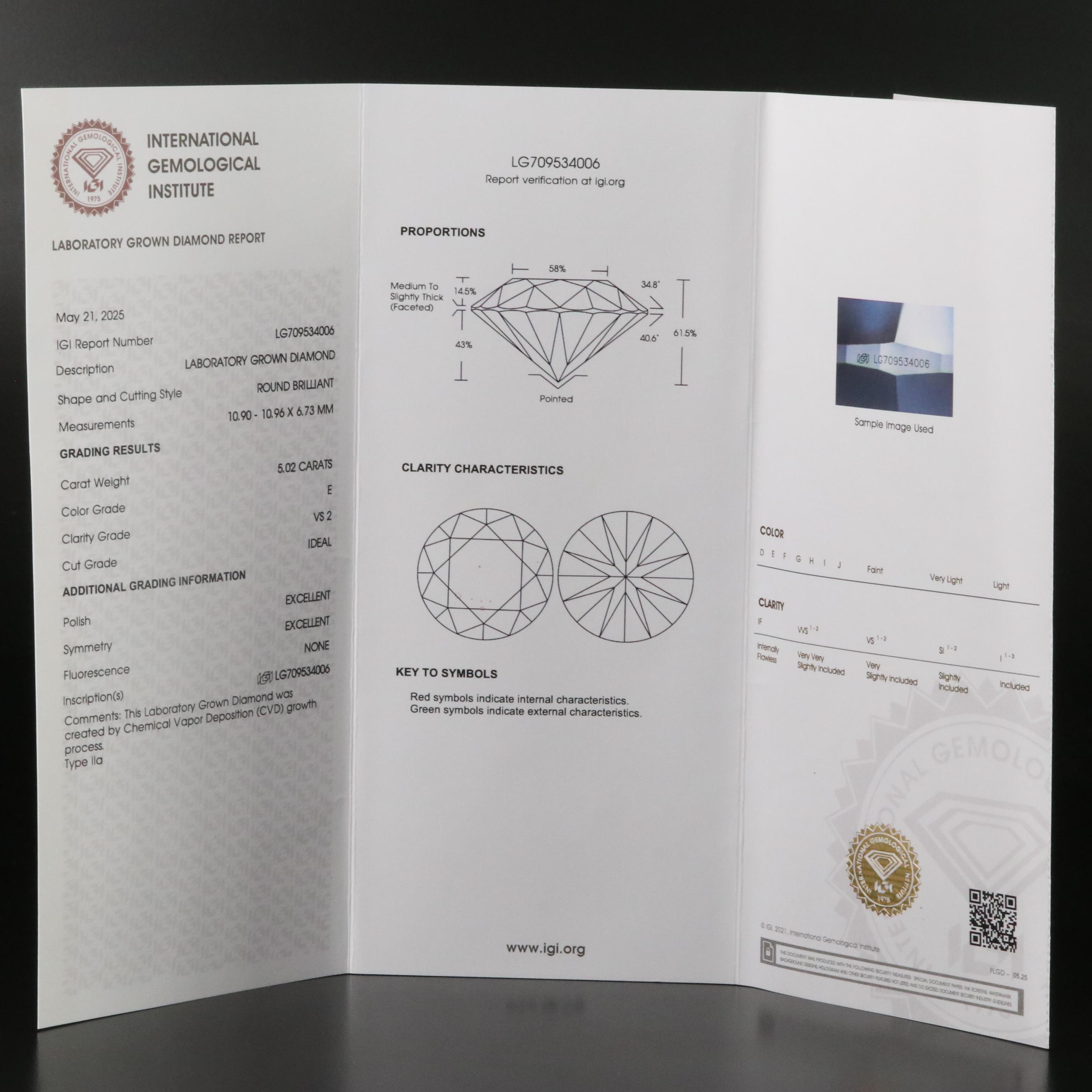 Loose 5.02 CT Lab Grown Diamond with IGI Report