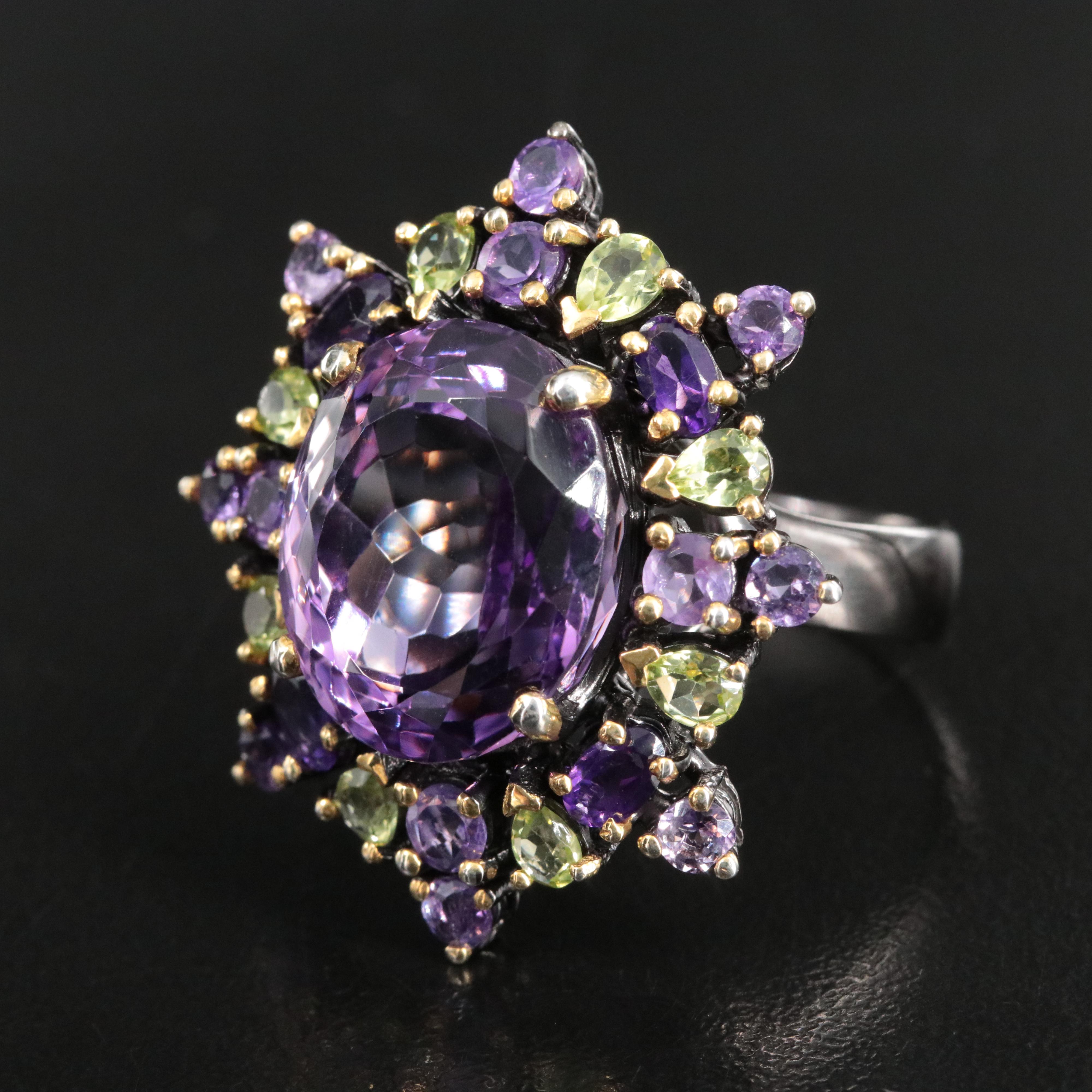 Sterling Amethyst and Peridot Starburst Ring